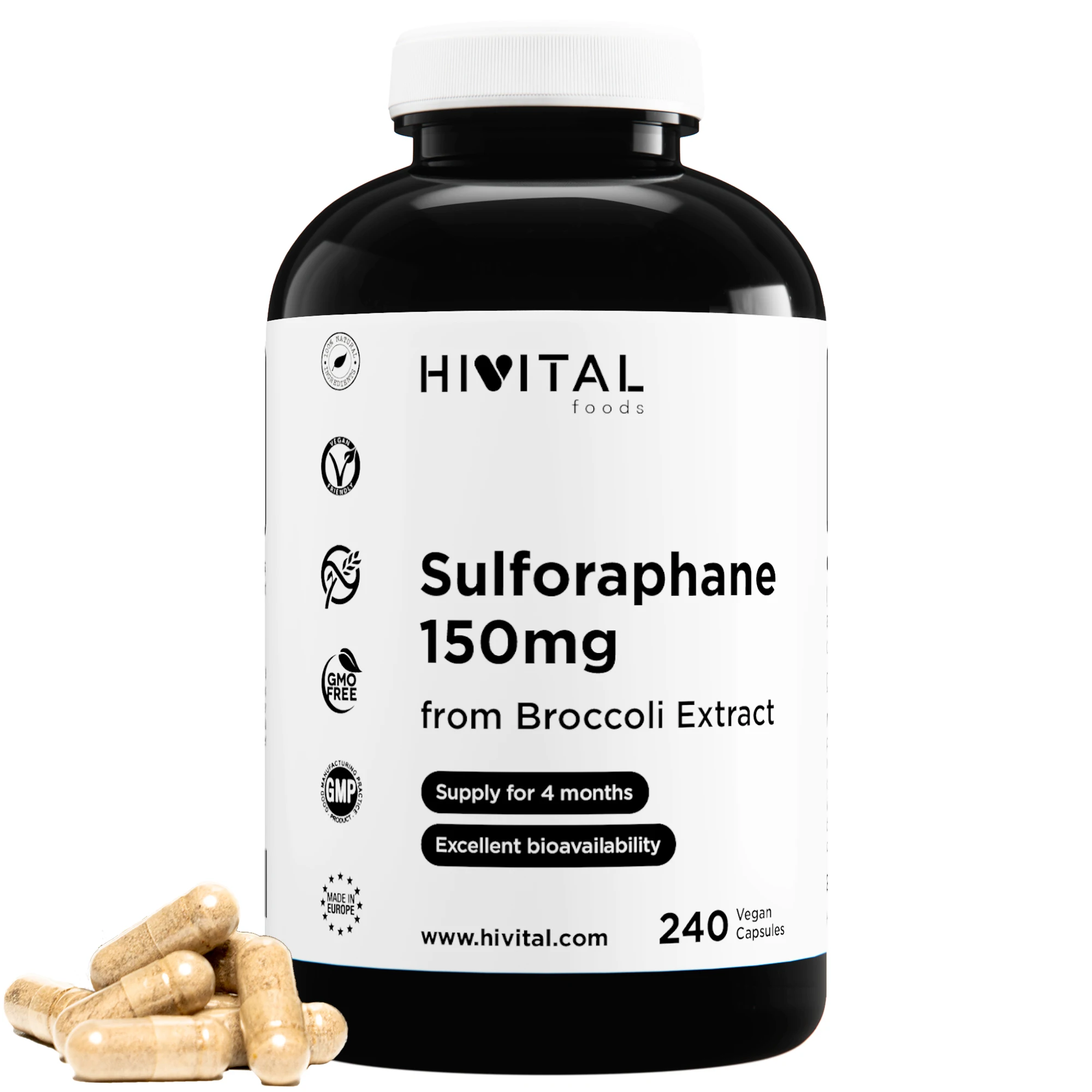 Sulforafano 150 mg. 240 cápsulas veganas para 4 meses. Extracto Natural de Brócoli para proteger el sistema cardiovascular, mejorar el sistema inmunológico y mantener una buena salud neuronal. Hivital