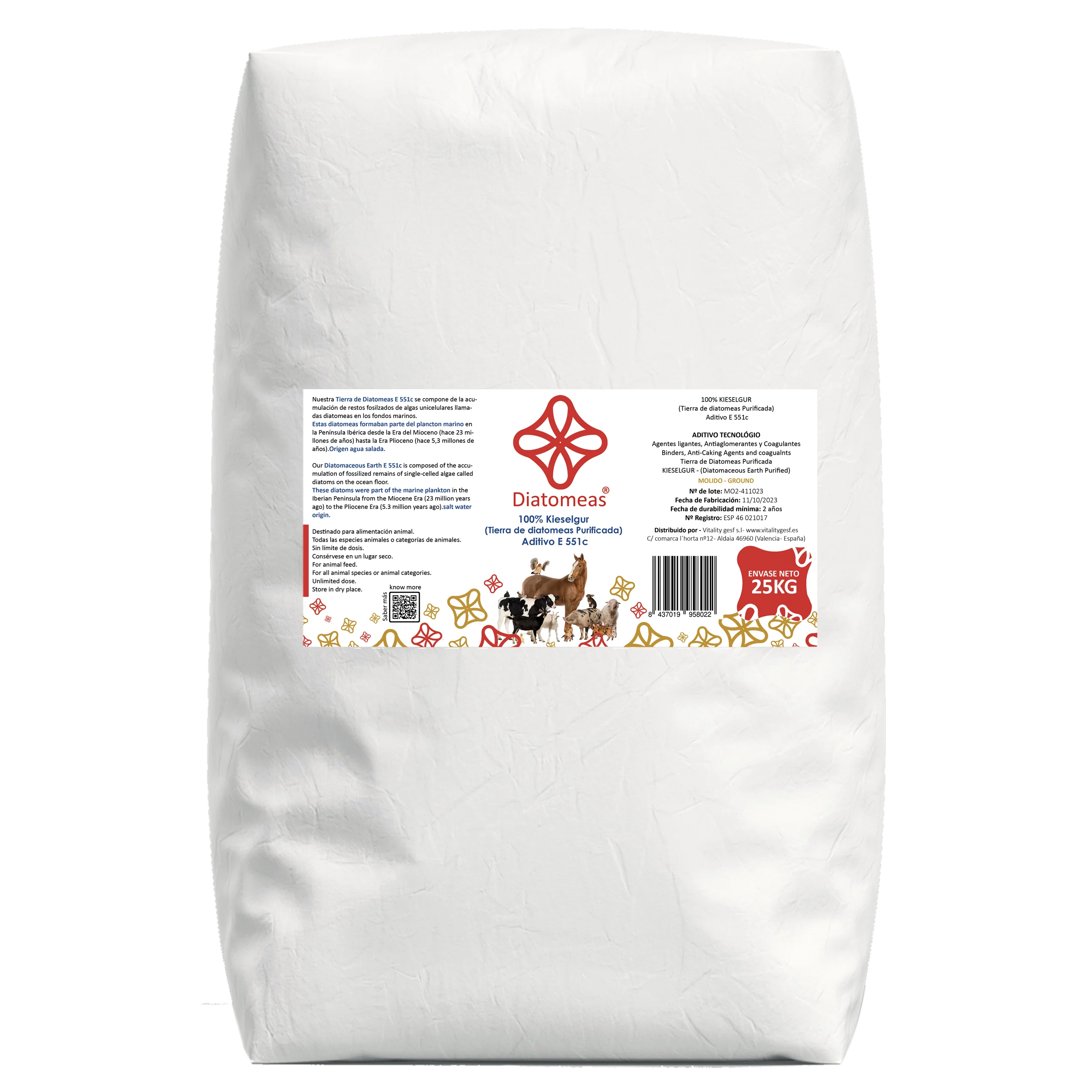 Diatomaceous®-25kg ground diatomaceous earth, natural 100%, eco-friendly and high purity, animal food grade E551C.