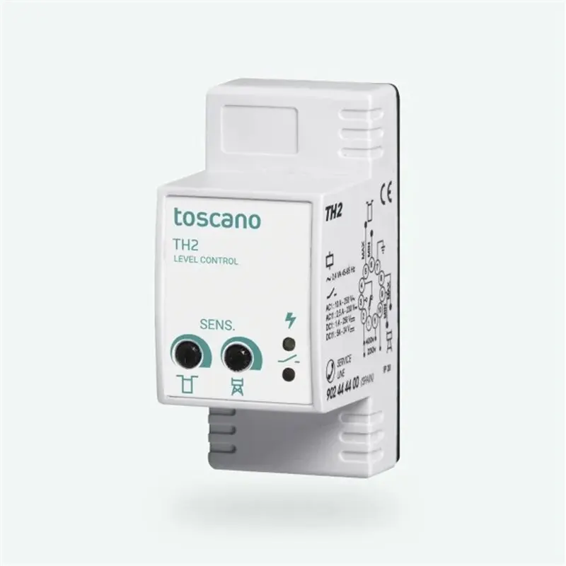 TOSCANO tcontrol Hidronivel TH2-230/400, Relé de Control de nivel Conductivo, Modo de Control Doble (Pozo y Deposito) mediante 4 Sondas, Sensibilidad ajustable, Alimentación 230/400VAC, Enchufable en