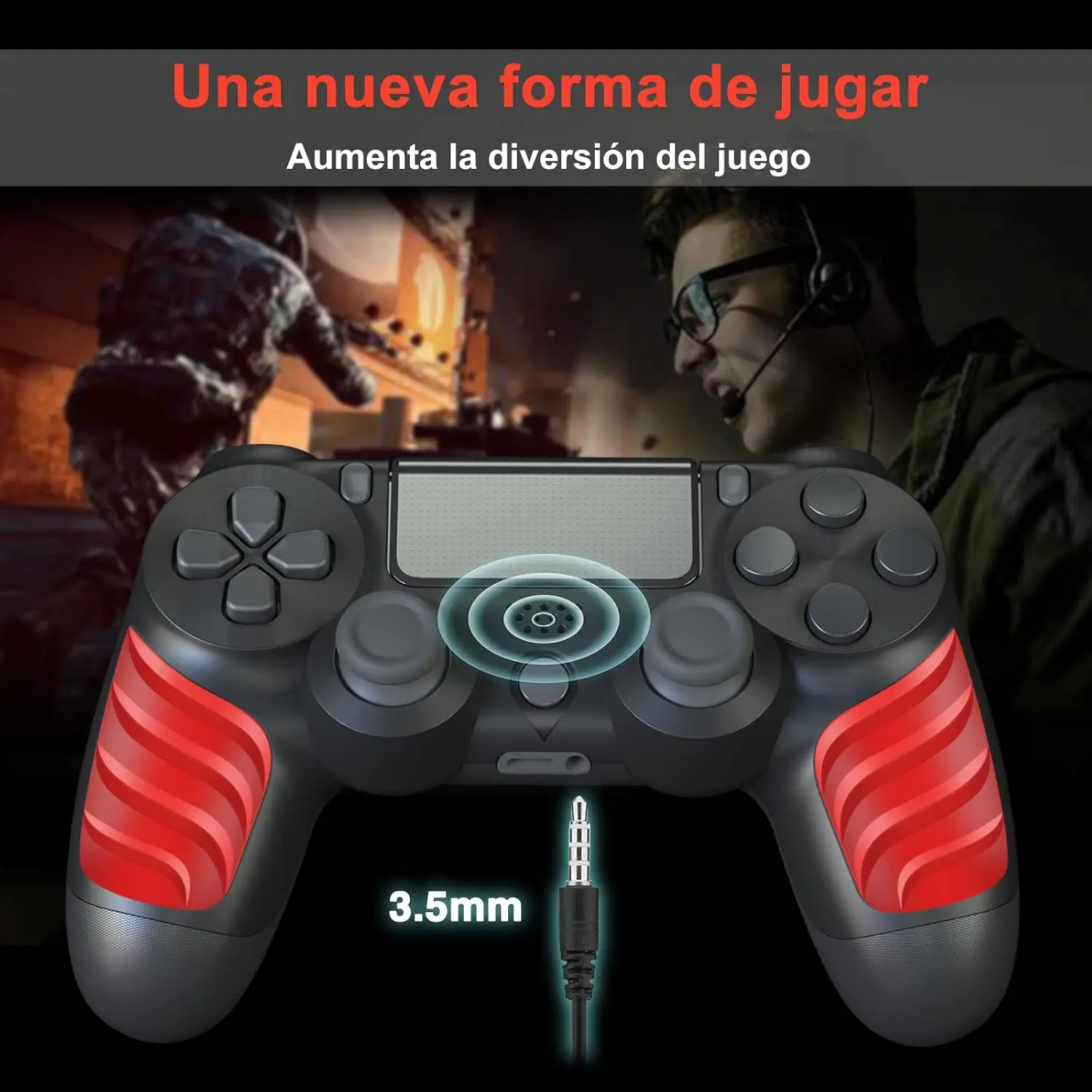 Wireless Controller for PS4, with double vibration, 6-axis motion sensor, and 1000mAh battery for up to 10 hours use; includes USB charging cable and thumb grips for enhanced gameplay experience.