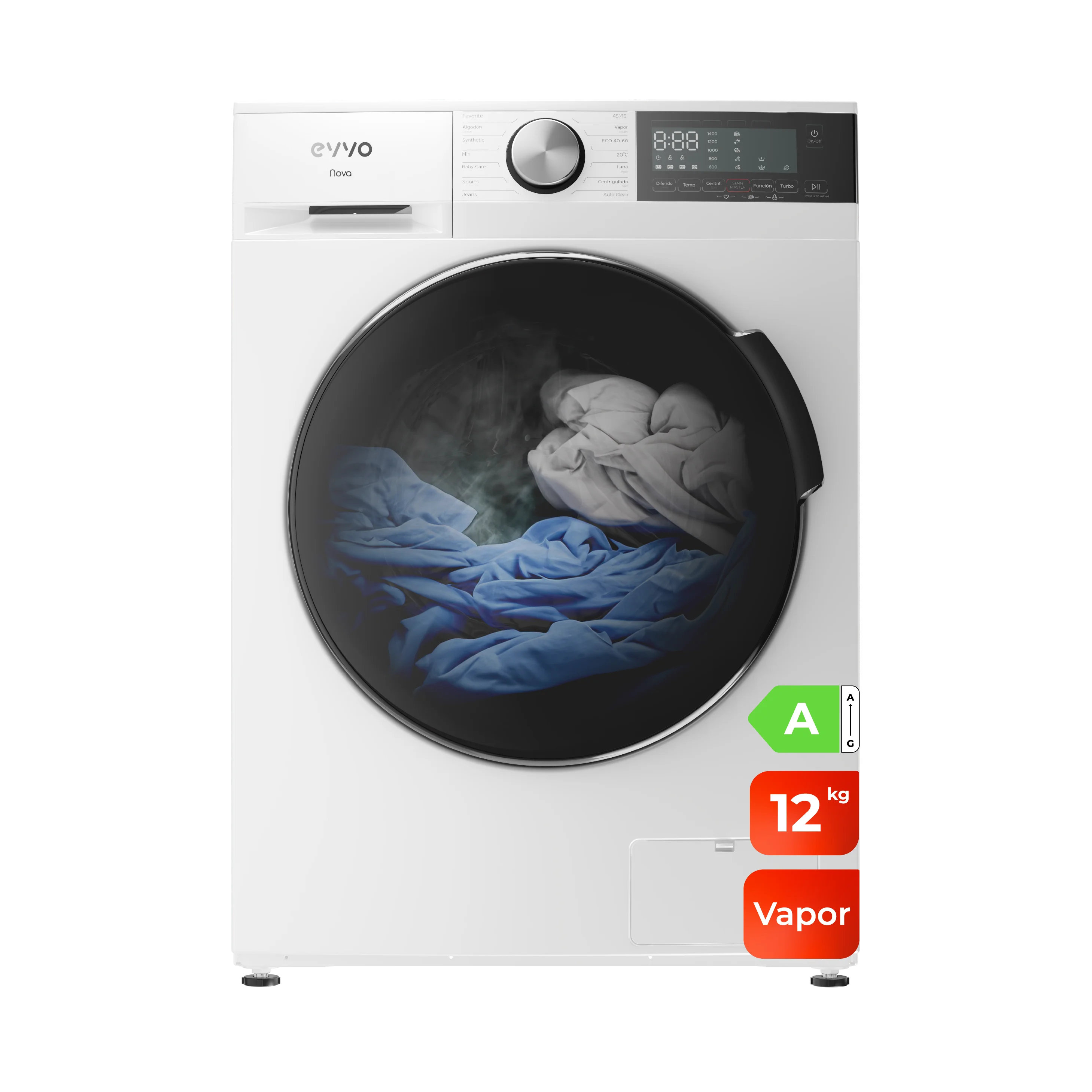Evvo Lavadora Nova 12 Inox, 12 Kg, 1350 Rpm, Función Vapor Steam Wash, Motor Inverter, Clase A - Imagen 4