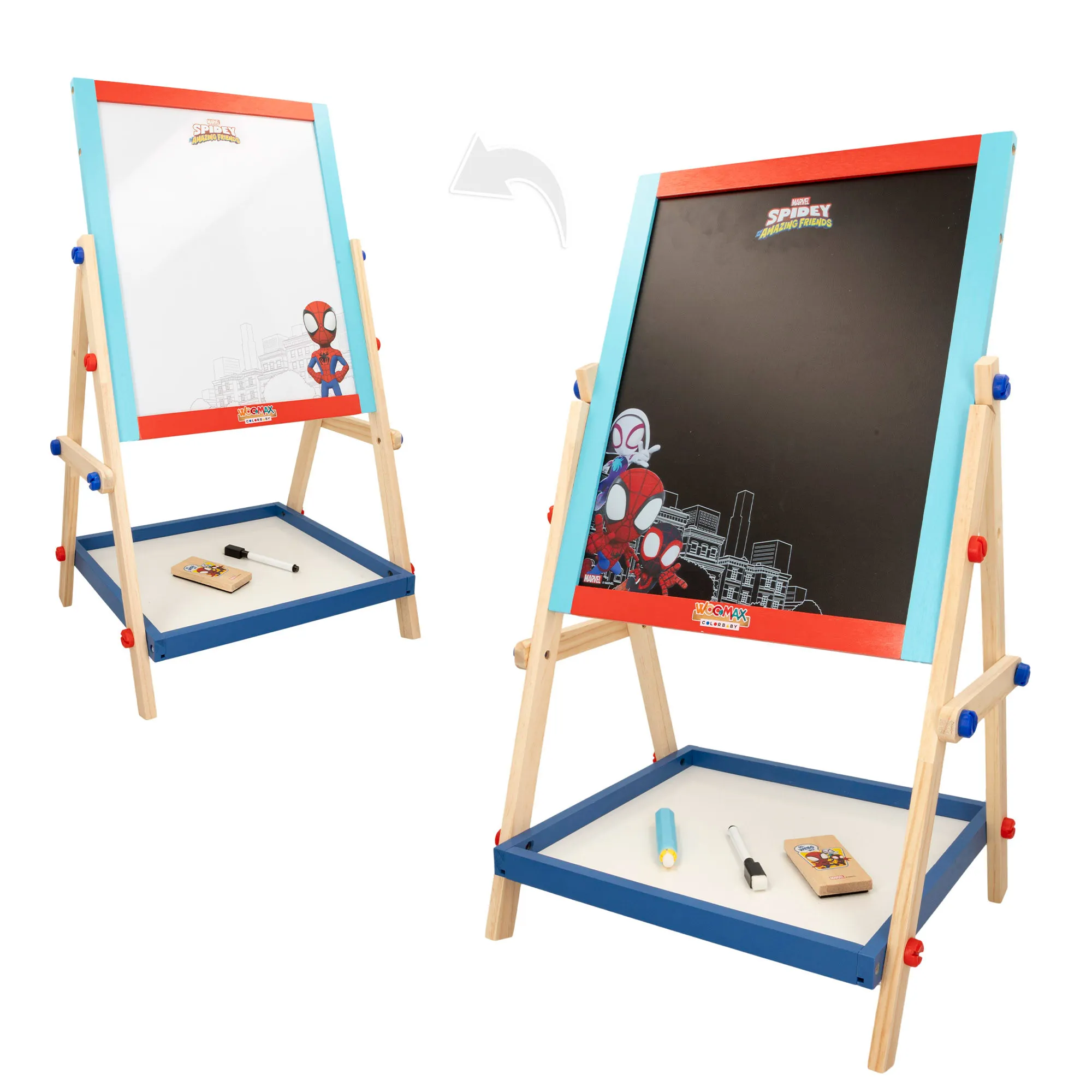 WOOMAX - Spidey y su superequipo pizarra caballete infantil 2 en 1, juguetes para niños, doble cara, blanca y negra, todo en uno, con tizas, borrador,