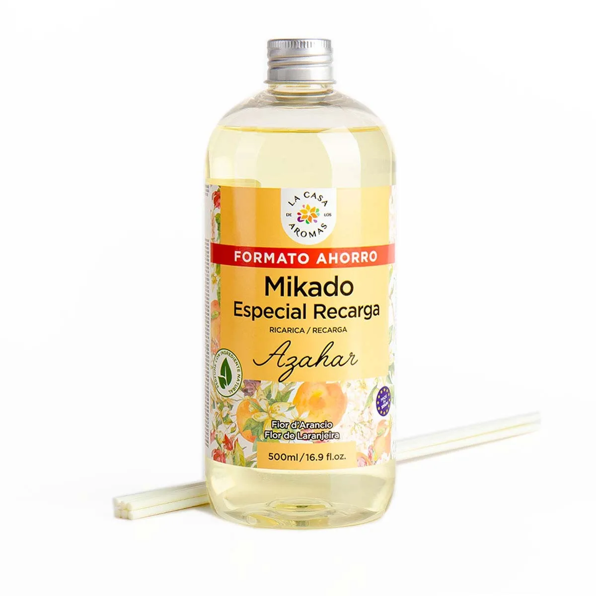 La Casa de los Aromas ambientador Mikado Reposicion AZAHAR botella 500ml incluye palitos de recambios. Ambientador Fragancia duradera Calidad Casa Aromas garantizada