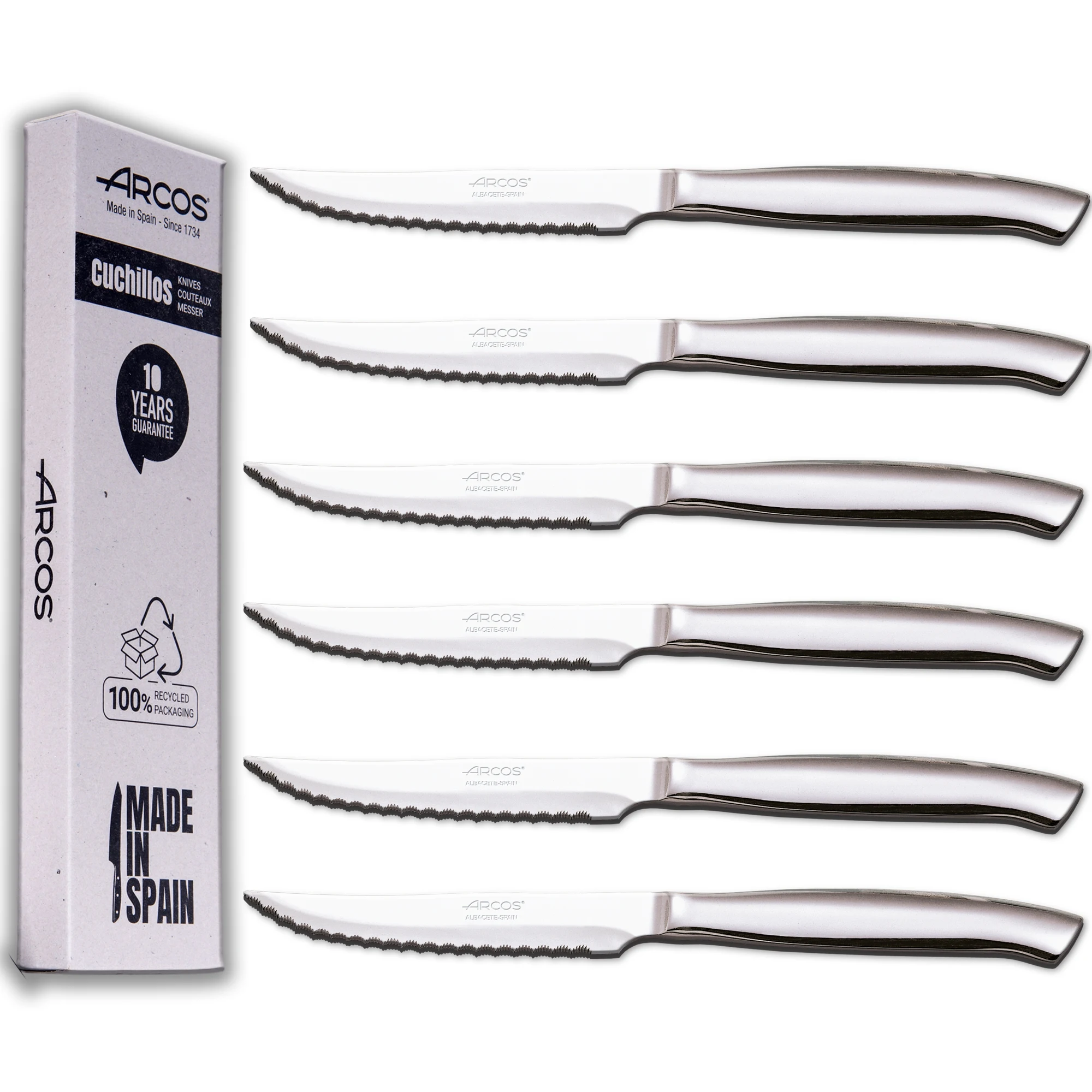 Arcos Juego Cuchillos Carne Cuchillos Carne Cuchillo chuleteros 6 Piezas Cubiertos Acero Inoxidable Hoja 110 mm Mango Redondo y Forma Ovalada monobock Caja Envase Ecológico (6 unidades)