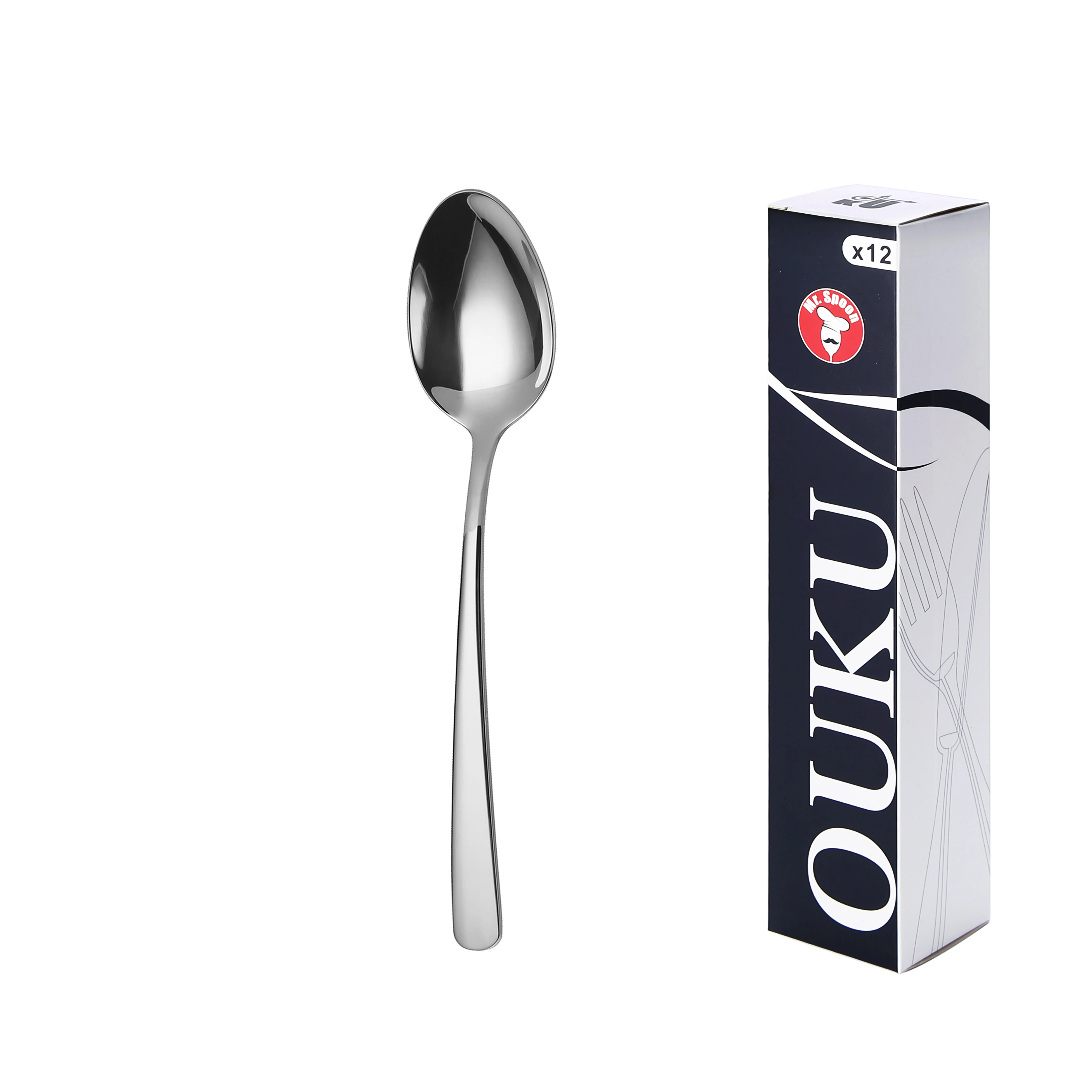 Mr. Spoon Serie Esencia Cucharas de12, 48 o120 piezas. Acero inox18/0, Económico y funcional. Cuchara sopera 205mm,cuchara postre 185mm,cuchara de té y café 145mm/115mm. Mango monobloque,Apto para
