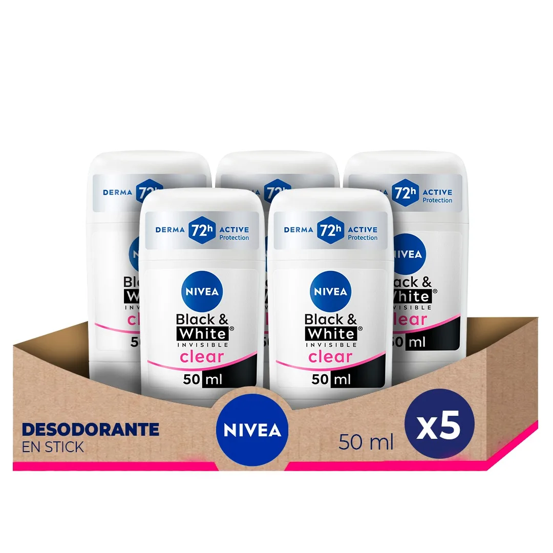 NIVEA Pack ahorro - Desodorante en Stick Black & White Invisible Mujer 50ml x 5 unidades - Protección Antitranspirante 72h