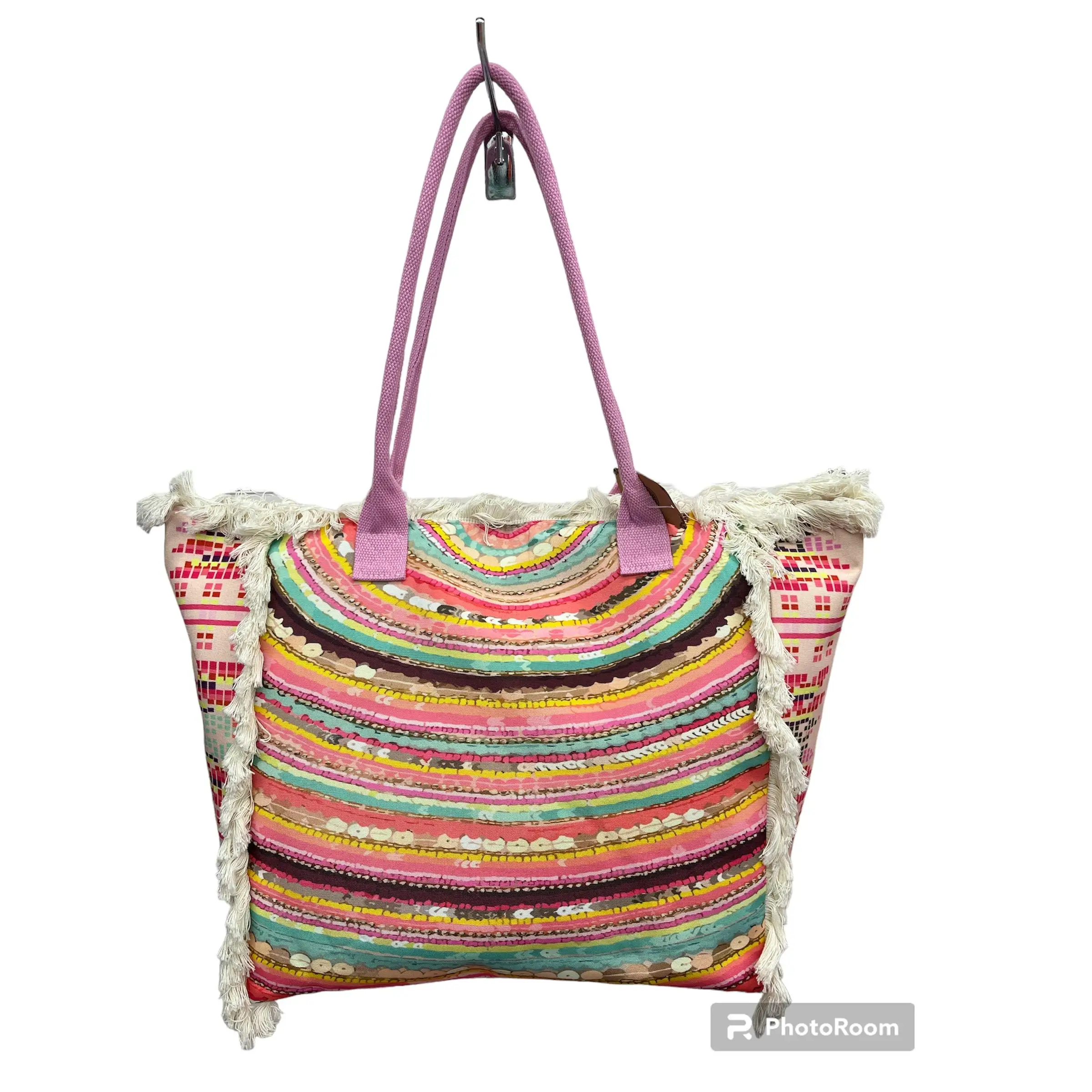 MEJORADA Bolso de playa o piscina grande con estampados del estilo original con fleco de borla blanco de algodon,tamaño 55*37*19CM.contiene bolsillos interior y forros.tejido 100% poliéster