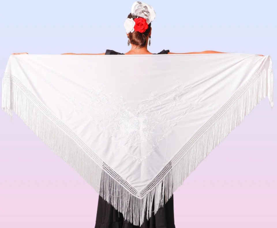 Large Flamenco Peak Shawl. Anuka Brand. Measurement 195X95Cm Without Counting Fringe (30cm), Embroidered on One Side.