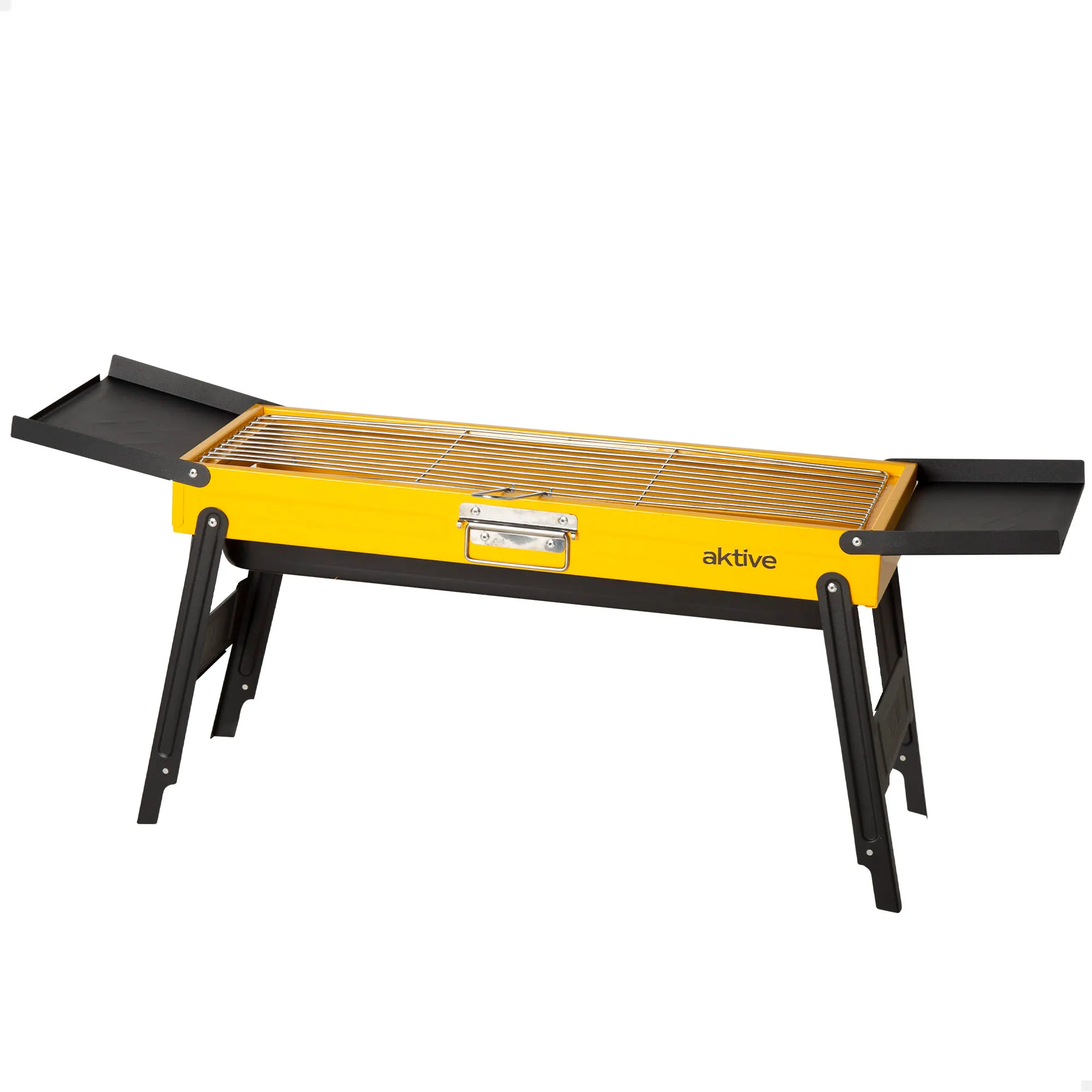 Aktive - Barbacoa carbón plegable, fabricada de acero esmaltado, color amarillo, con bandejas laterales abatibles, parrilla de acero inoxidable, bandeja inferior extraíble, formato compacto, ideal
