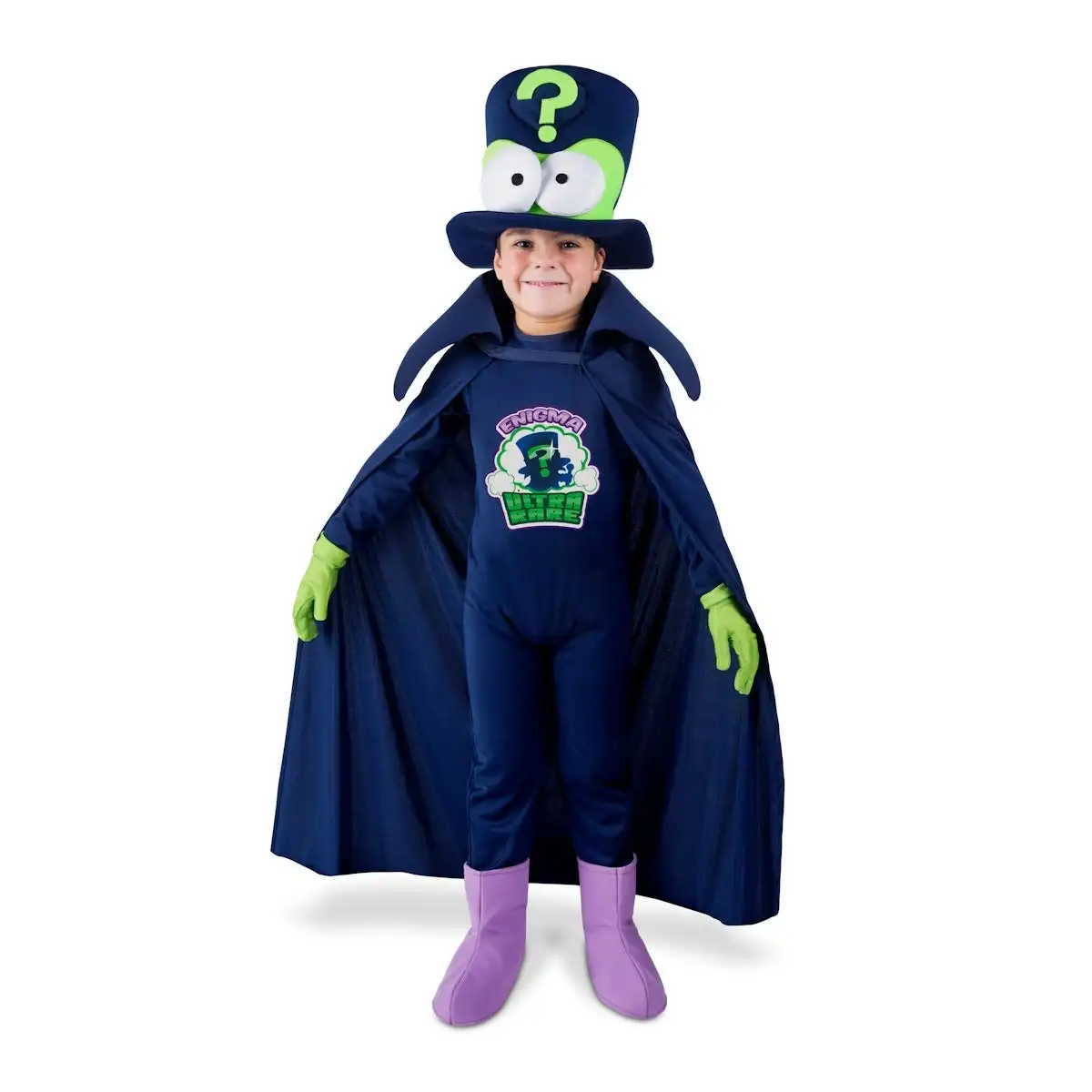 Enigma superthings children's costume, size 4-5 years. Includes dark blue jumpsuit and cape, hat with eyes, green gloves and lilac boot covers, with question mark details