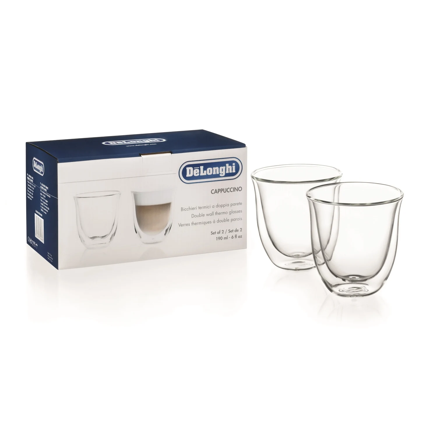 Delonghi - Juego de 2 Vasos Cappuccino de 190ml. Vasos de vidrio de doble pared resistentes al calor. Modelo DLSC311
