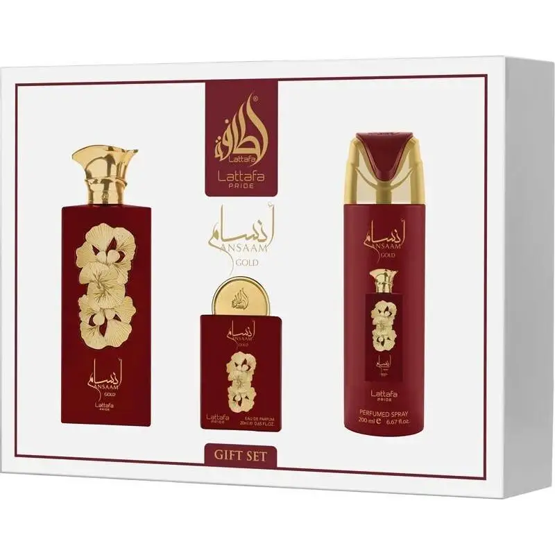 Lattafa Pride Ansaam Gold SET DE REGALO ( Eau de parfum 100 Ml Eau de parfum 30 Ml Desodorante en spray 200 Ml Atomizador de viaje