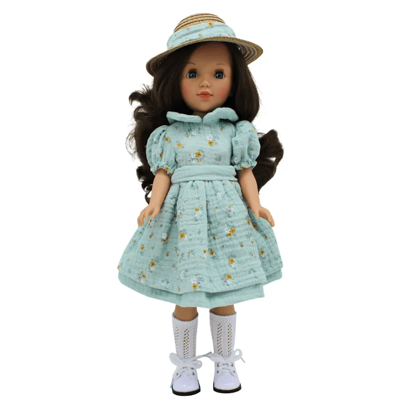 Muñeca Pepa's original Folk Artesanía colección 41 cm. vestido estampado, sombrero de paja, medias y botas de pie