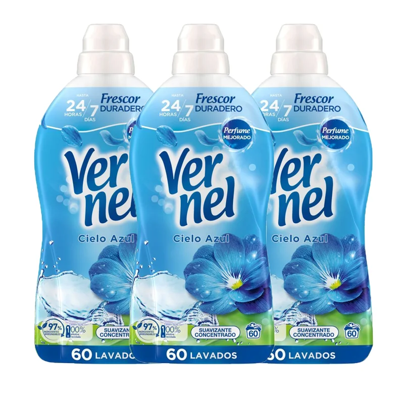 Vernel Suavizante Concentrado Aroma Cielo Azul – Pack 3x60 (180 Dosis) Suavidad, Frescura y Aroma Duradero