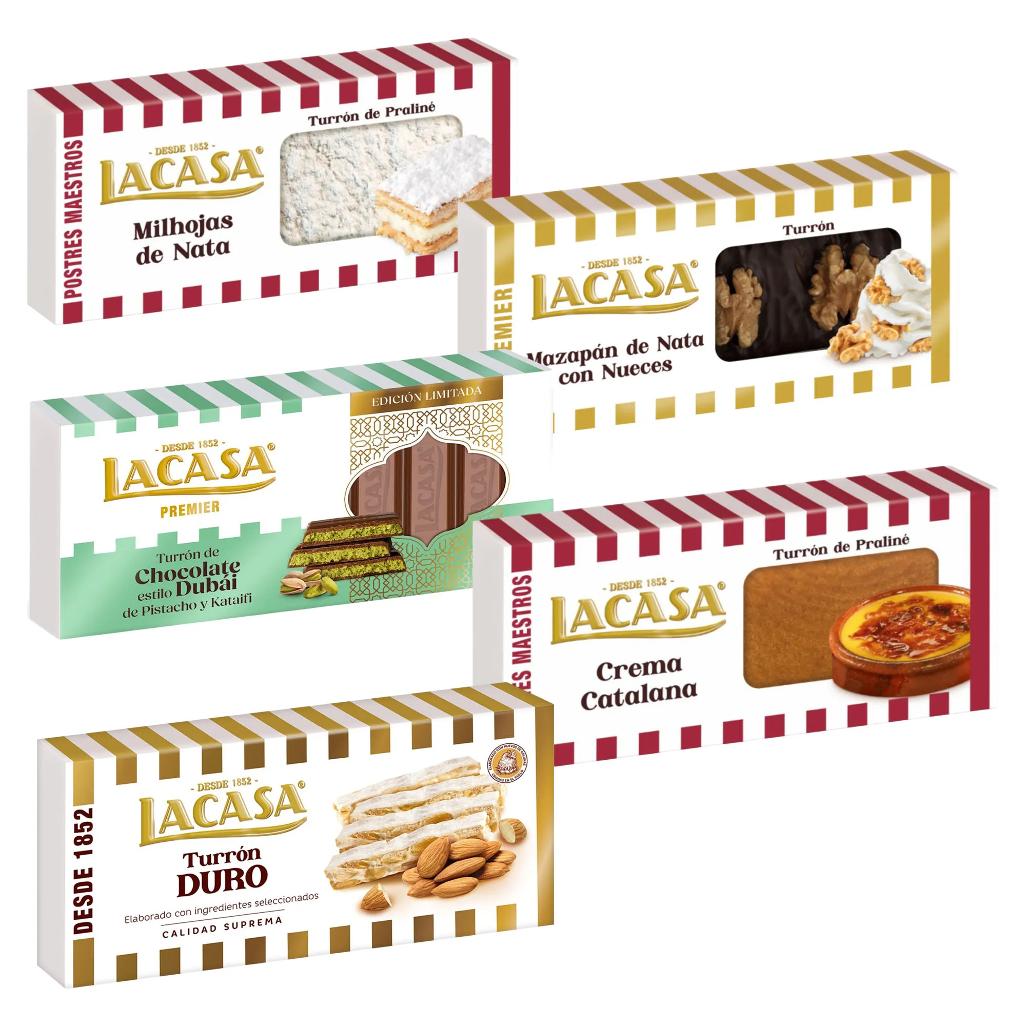 Pack Surtido 5 Turrones Lacasa:Mazapán de Nata con Nueces, Crema Catalana, Milhojas de Nata, Duro, Chocolate estilo Dubai con Pistacho y Kataifi