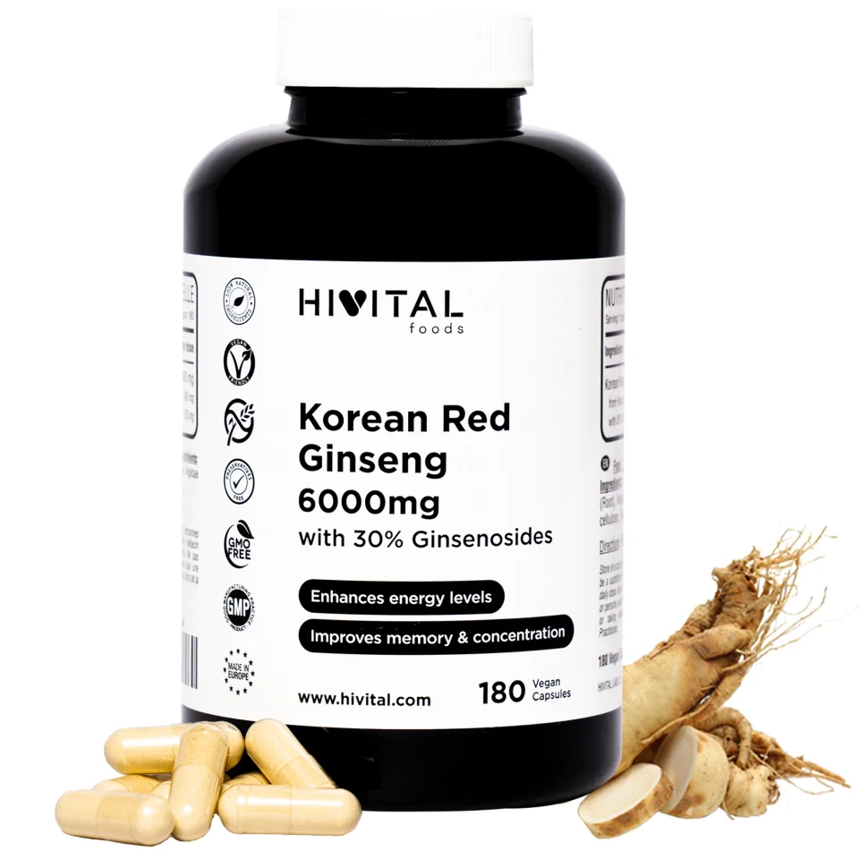 Ginseng Rojo Coreano 6000 mg. 180 cápsulas veganas para 6 me