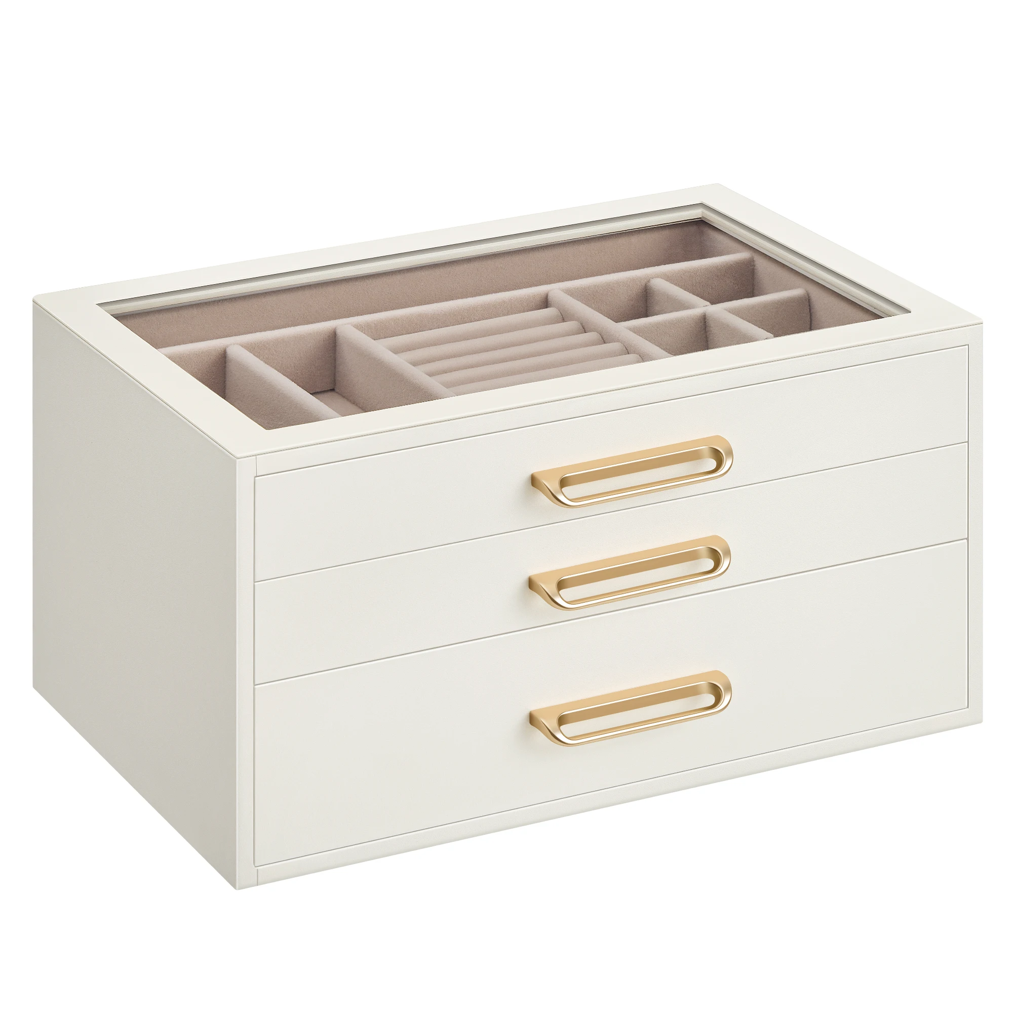 SONGMICS Caja de Joyas, Organizador de Joyería de 3 Niveles, con Ventana de Vidrio, 3 Cajones, Gran Capacidad, Tiradores Dorados, Idea de Regalo, 16 x 24 x 12,5 cm, Blanco Crema