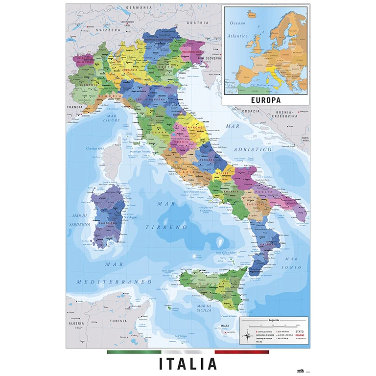 Lydsto Poster Mapa Físico Político de Italia - 61 X 91.5 Cm - Papel de Brillo de Alta Calidad