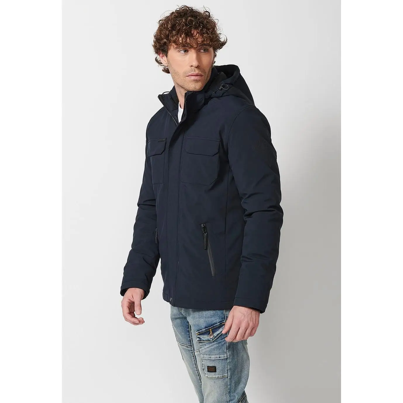 Koroshi men men's navy color zipper pockets front closure hooded collar long jacket