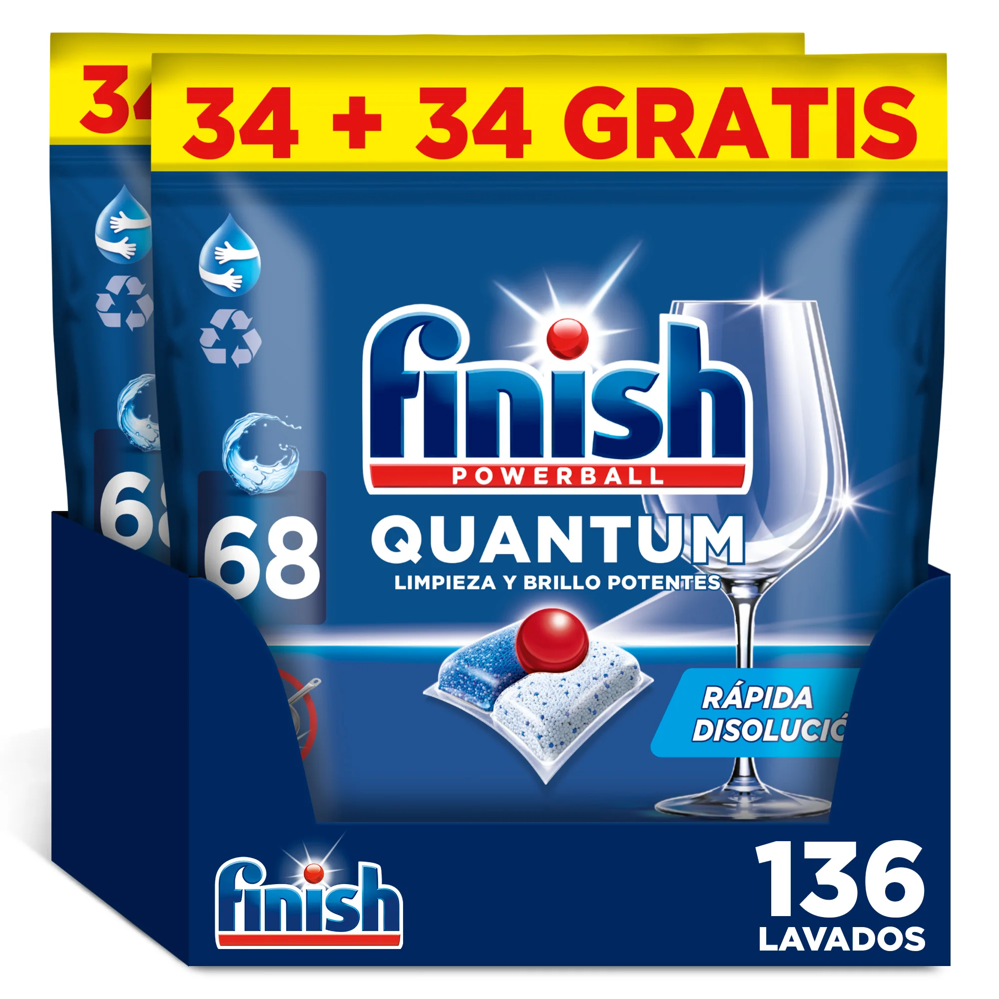 Finish Powerball Quantum, 136 | 204 Pastillas para Lavavajillas, Limpieza y Brillo Potentes, Aroma Regular Formato 2x68 | 3x68