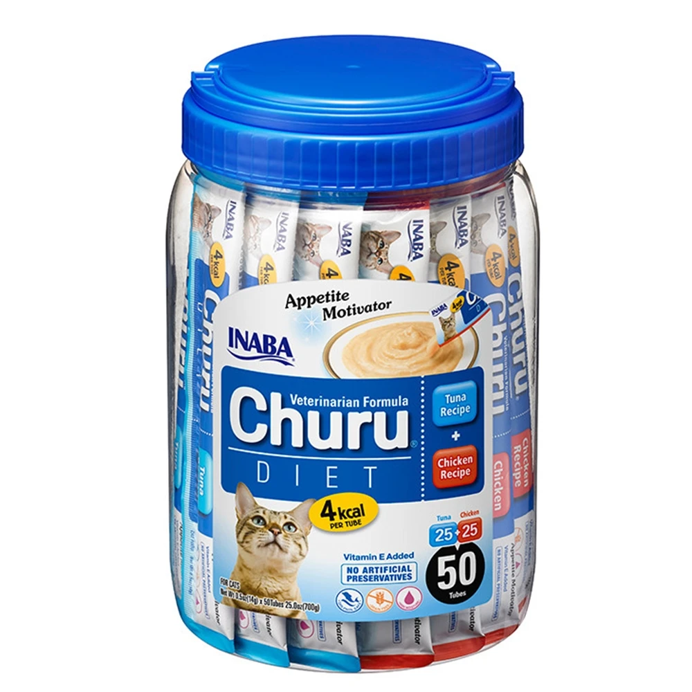 CHURU INABA DIET Atún y Pollo bajo en calorias. sin colorantes- sin conservantes 50 Tubos x 14g