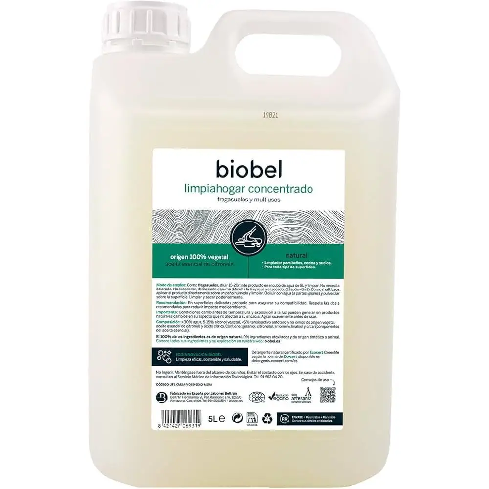 Limpiador Concentrado Biobel 5L para Hogar Ecológico, Multiusos con Alcohol Vegetal y Citronela, Ideal para Azulejos, Encimeras y Sanitarios