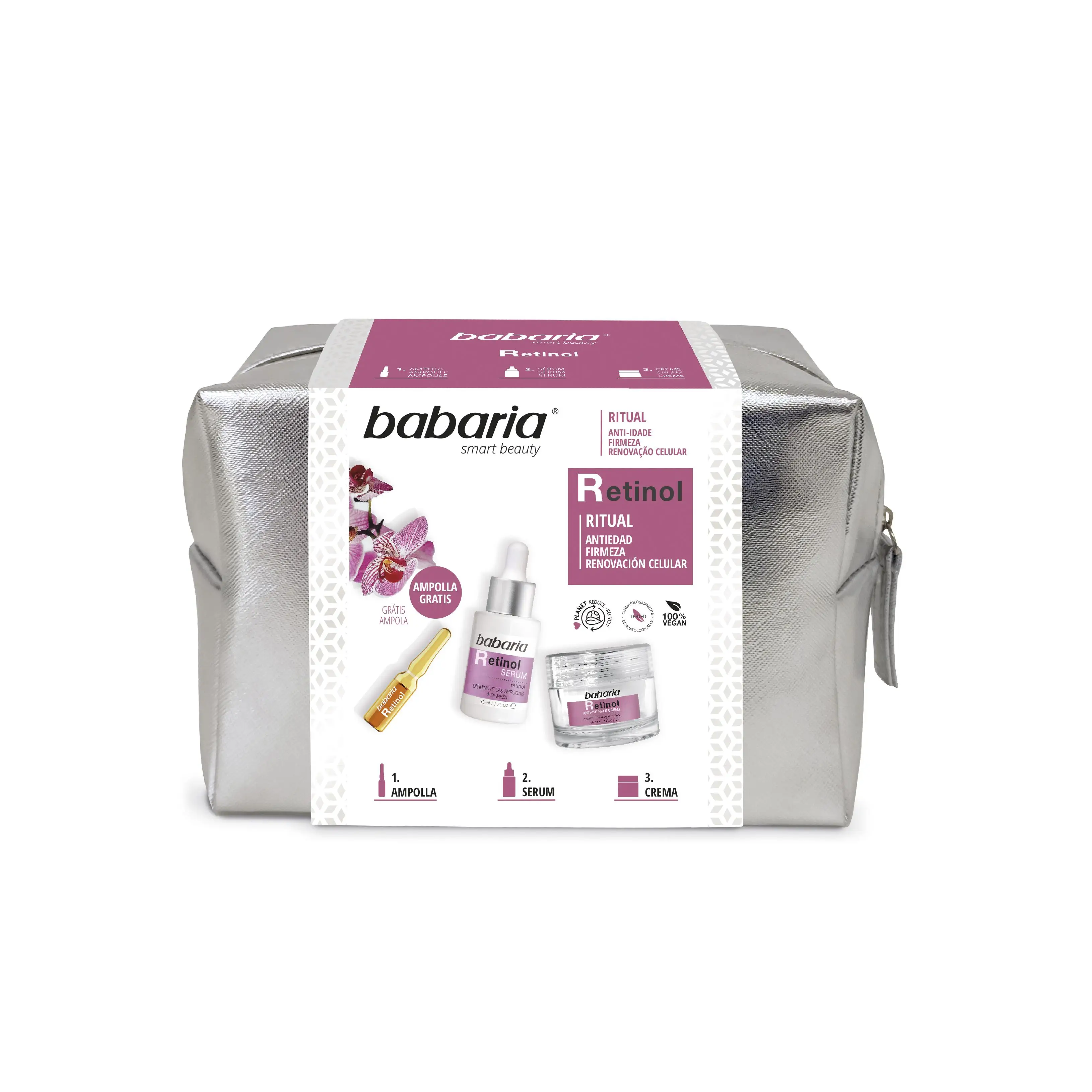 Babaria - Neceser Ritual Retinol: Rutina con Ampolla Facial 2 ml + Sérum 30 ml y Crema Antiarrugas 50 ml, con Retinol, Vitamina A y Ácido Hialurónico, con Efecto Antiarrugas y Antimanchas