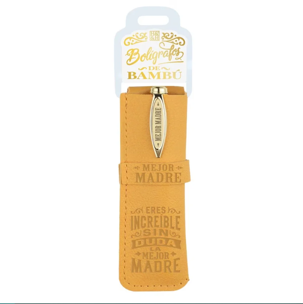 H&H - Bolígrafo personalizado de bambú sostenible con funda de cuero sintético y mensaje emotivo en caliente, ideal para detalles de boda o comunión, diseño moderno History&Heraldry