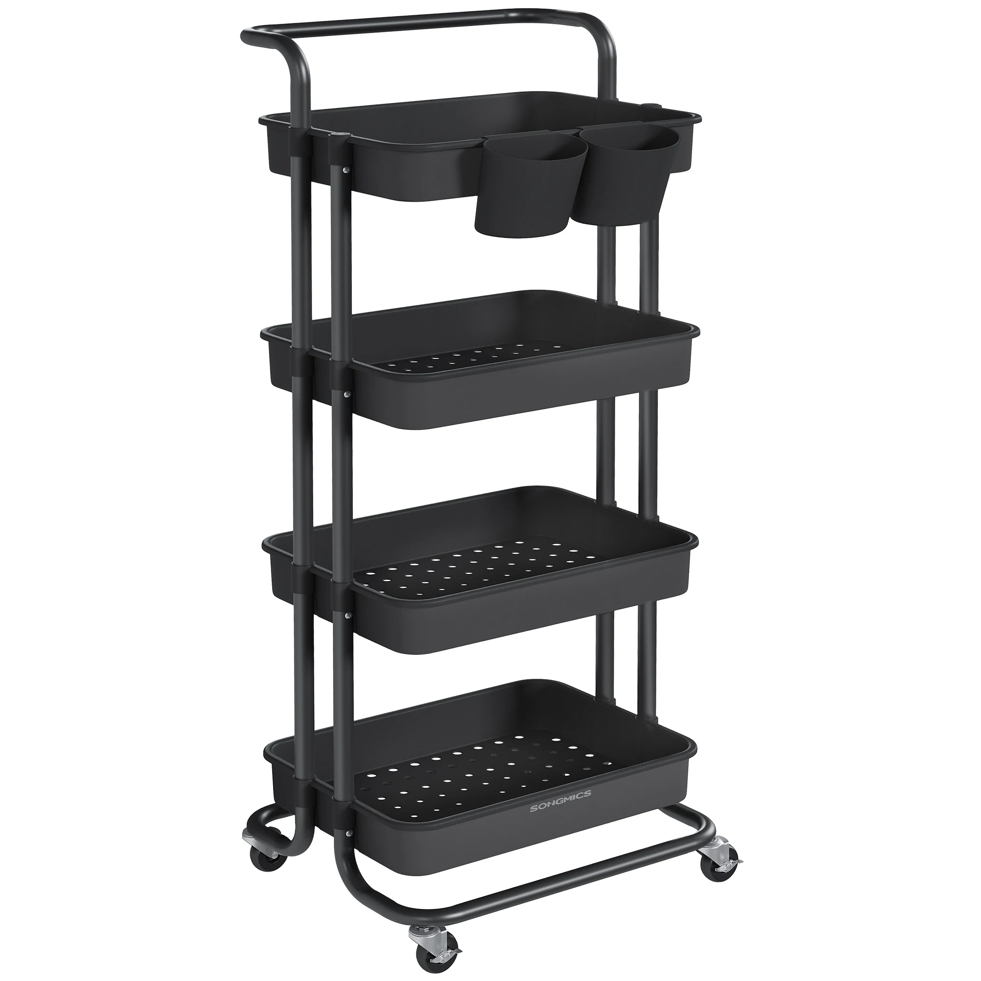 SONGMICS Carro Rodante, Caritro de Almacenamiento de 4 Niveles, con Mango, 2 Organizadores Pequeños, Marco de Acero, Cestas de Plástico, para Dormitorio, Lavadero Baño, Negro/Blanco