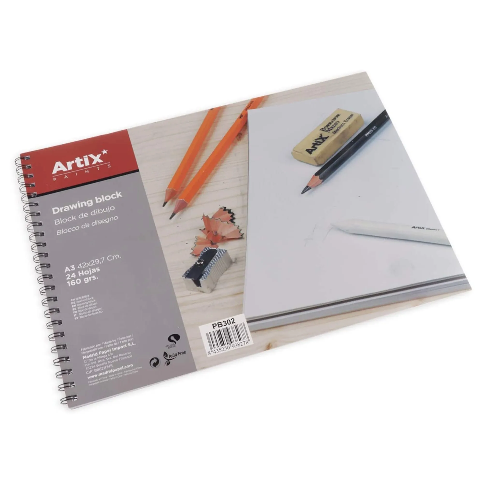 ARTIX, Sketchpad, A3, A4, 24 sheets, 160 gr, sketchpad with spiral, 21x29,7cm, 29,7x42 cm, Ideal for drawing with charcoal, pencil, marker, waxes or paints MP