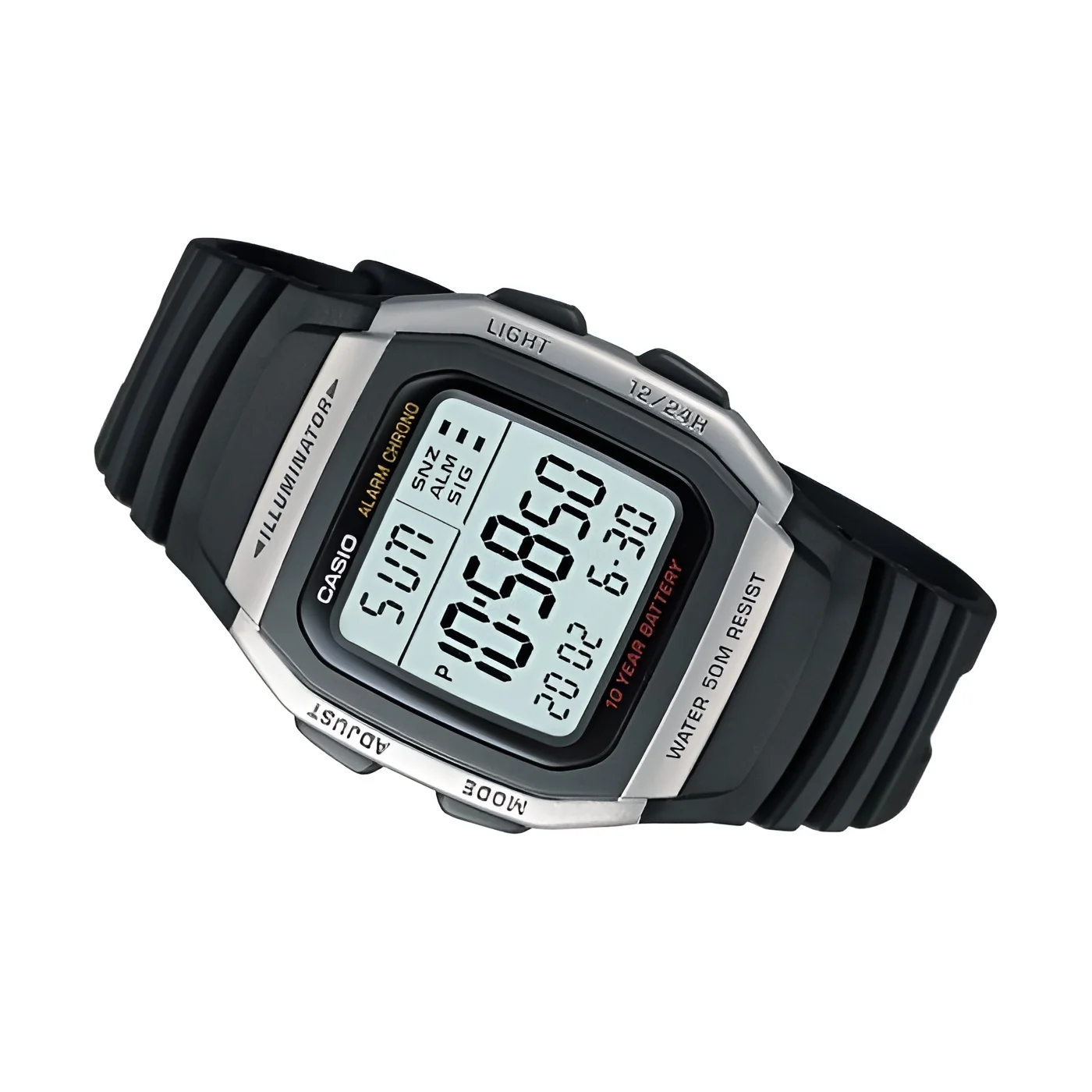 reloj hombre digital Casio W-96H-1AV alarma múltiple 10 años batería cronómetro 50m water resist