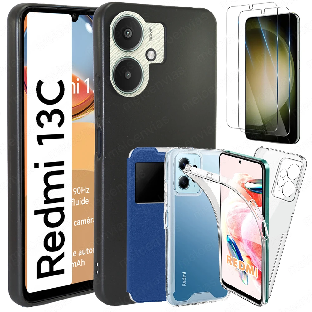 Funda + Protector Cristal Templado Opcional Para XIAOMI REDMI 13C 4G / 5G Carcasa Forro Protector, Silicona Libro Antigolpe 360 Grados, Color Negro Azul Transparente Fucsia Rojo, Ajuste Perfecto, Acceso Conectores Carga Auriculares, ,Meloenvias mle99