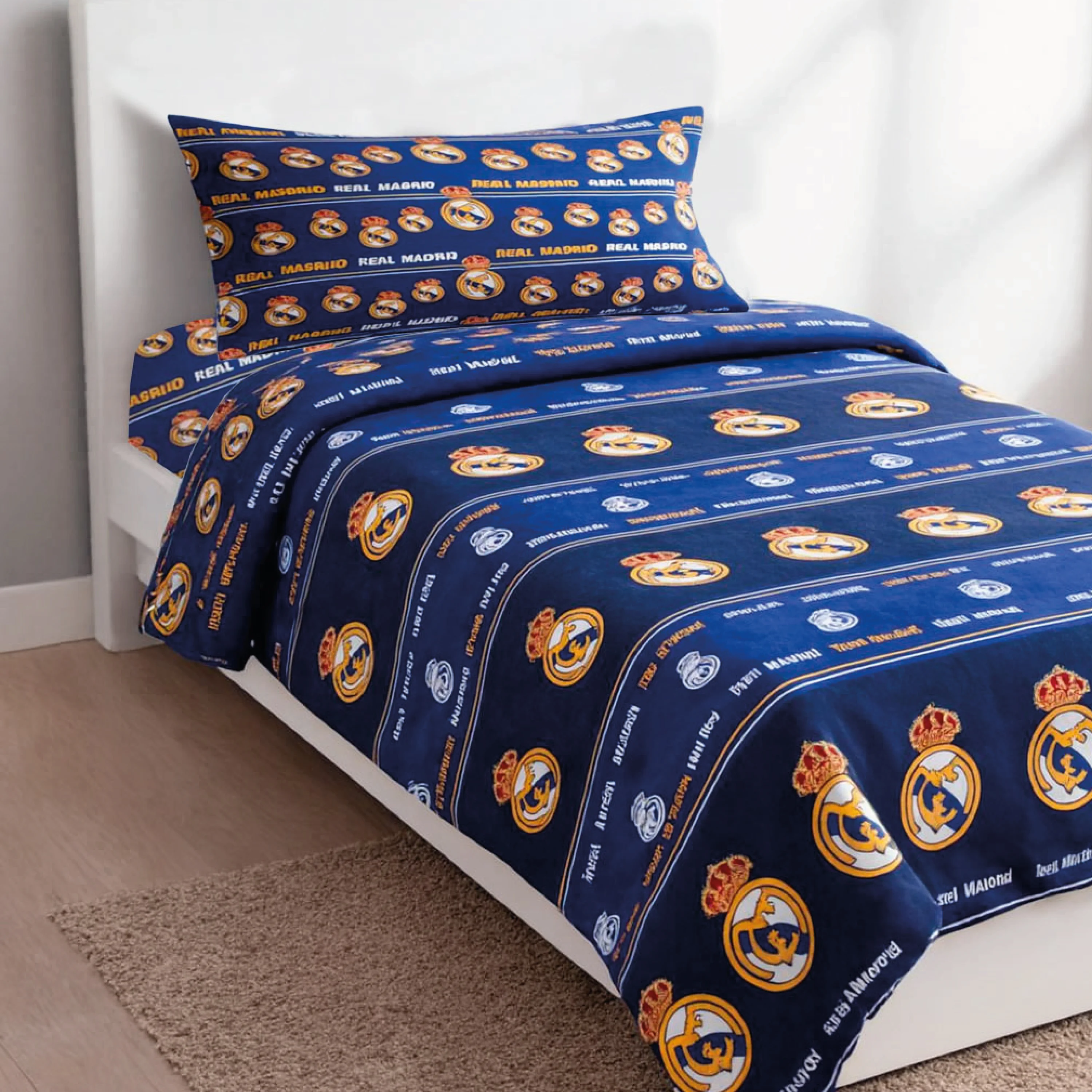 Real Madrid CF - Juego de Sábanas Coralina Real Madrid 90 - 105 Cm, 3 Piezas (1 Sábana Encimera, 1 Funda de Almohada y 1 Sábana Bajera), Diseño con Escudos del Real Madrid Azul tacto suave
