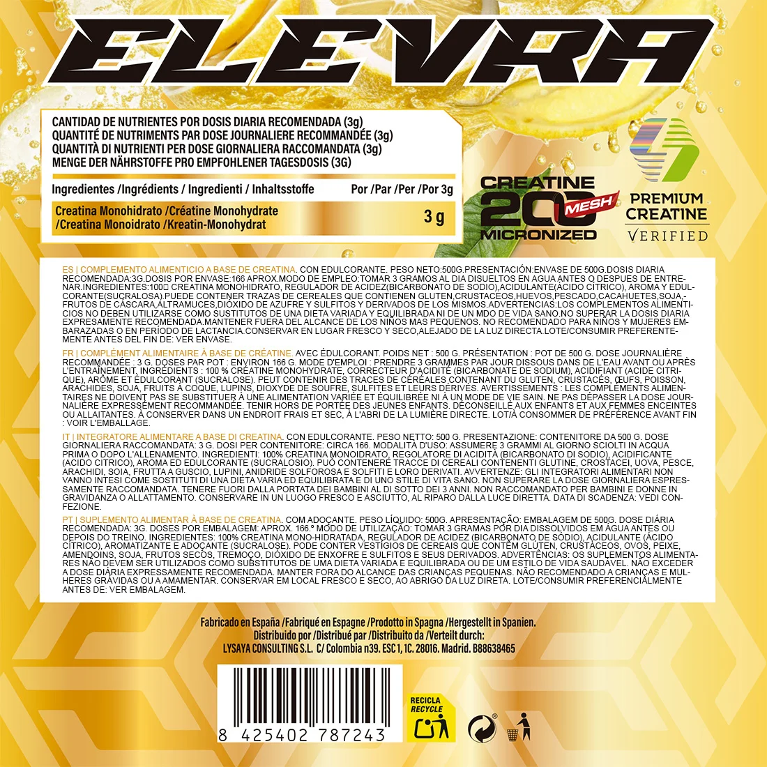 ELEVRA | Creatina en Polvo 500g Sabor LIMON/NEUTRO/PIRULETA  | 100% Monohidrato de Creatina Micronizada | No Incluye Dosificador | Sin Añadidos y Libre de Contaminantes | No-GMO, Vegano, Sin Gluten