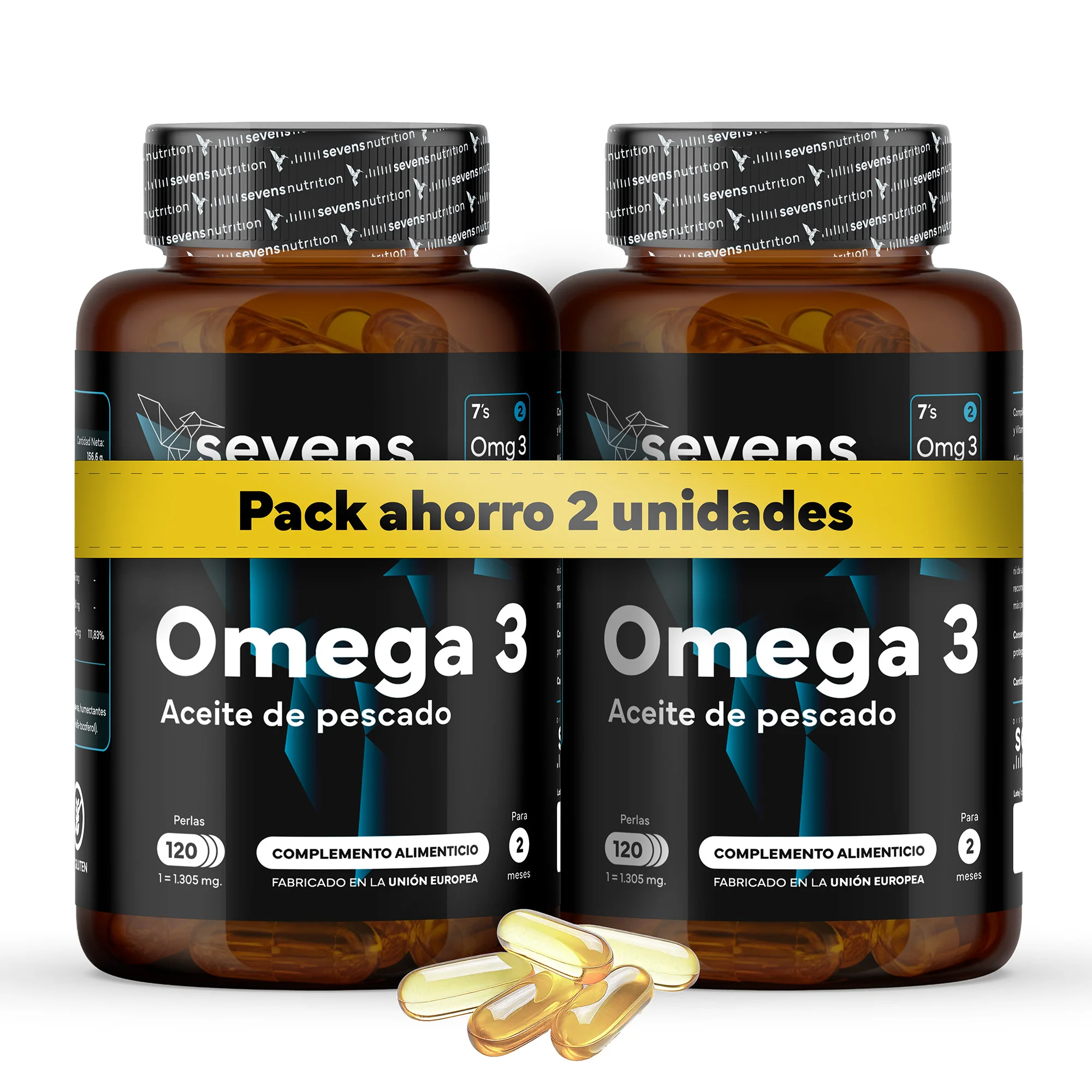 Pack 2x Omega 3 de Pescado 2000 mg – 240 Cápsulas – Aceite de Pescado con 720 mg DHA y 480 mg EPA – Sevens Nutrition