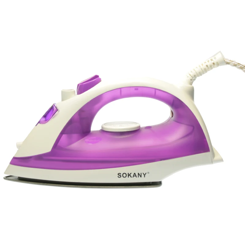 Sokany HJ-8002 Steam Iron 1600W in White and Purple, features stainless steel soleplate, self-cleaning, 900ML capacity, variable steam, and non-twisting cord for efficient garment care.