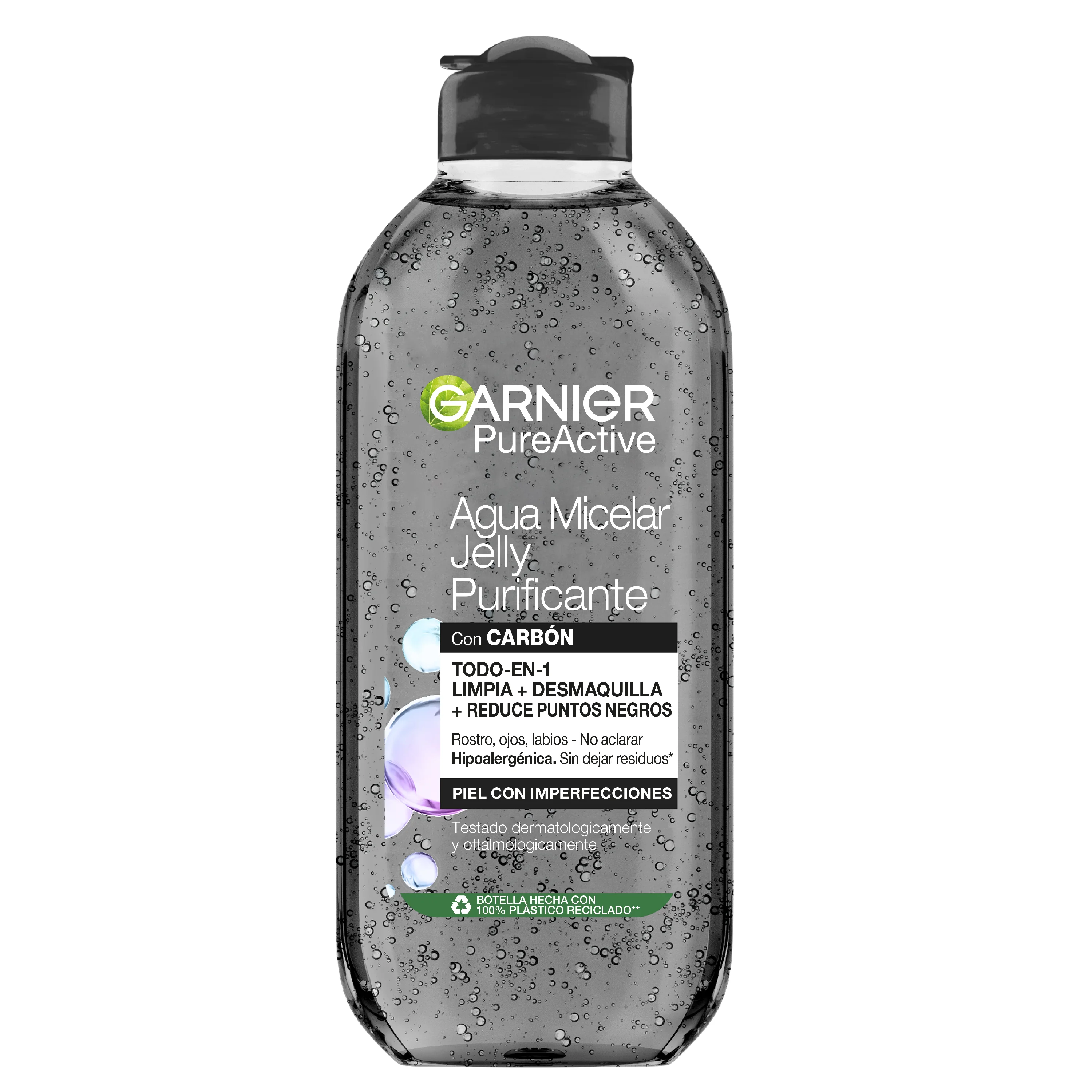 Garnier Pure Active Agua Micelar en Gel Purificante Jelly Water con Carbón y Ácido Salicílico. Reduce en un 44% las imperfecciones y en un 29% los puntos negros. *Resultados clínicamente probados y