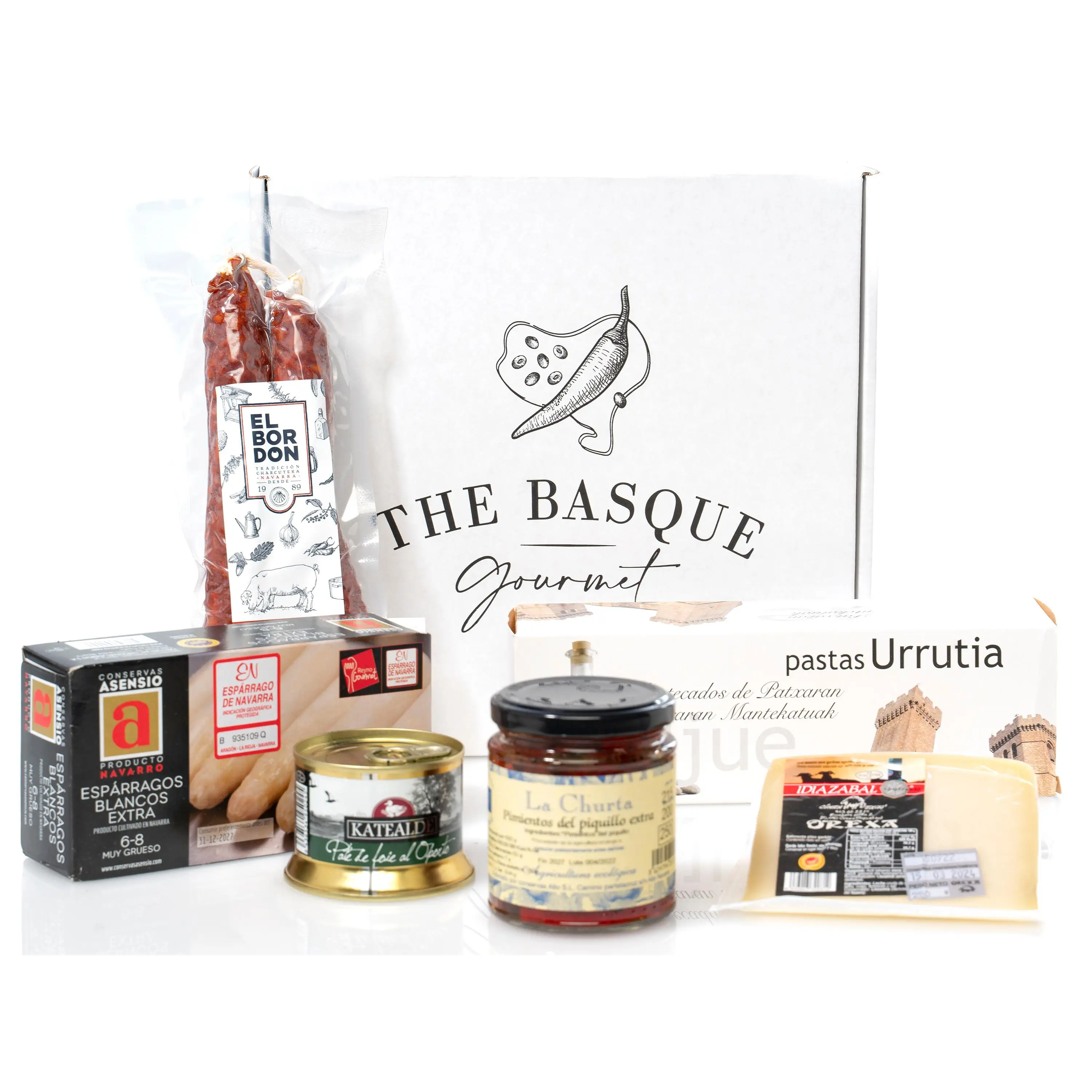 Cesta Gourmet de Euskal Herria - Queso Idiazábal, Chorizo Casero, Pate de Foie, Espárragos de Navarra, Pimientos del Piquillo, Mantecados - Marca THE BASQUE gourmet