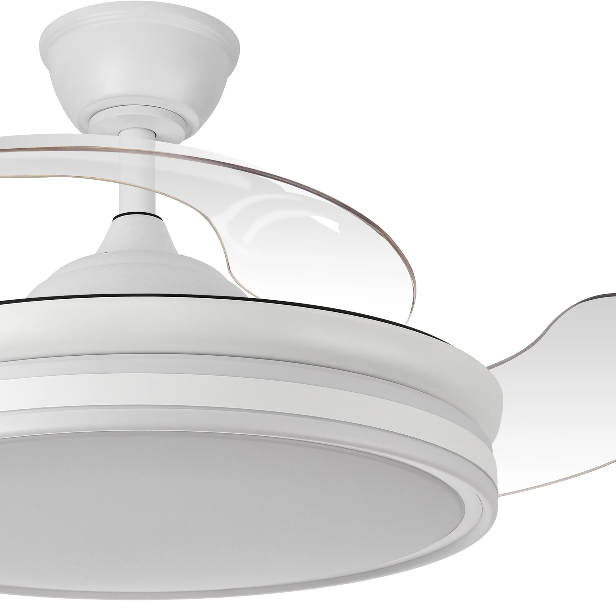 Ceiling fan BAYOMO NEW DC 59w 6980lm White, 4 folding blades, dimming intensity and light tone 3000K, 4000K, 6000K with remote control. Measures 34,5/42x50 Ø/107 øcm-Abrila-Fabrilamp - Dimable. Includes two tijas. 12,5cm and 25c