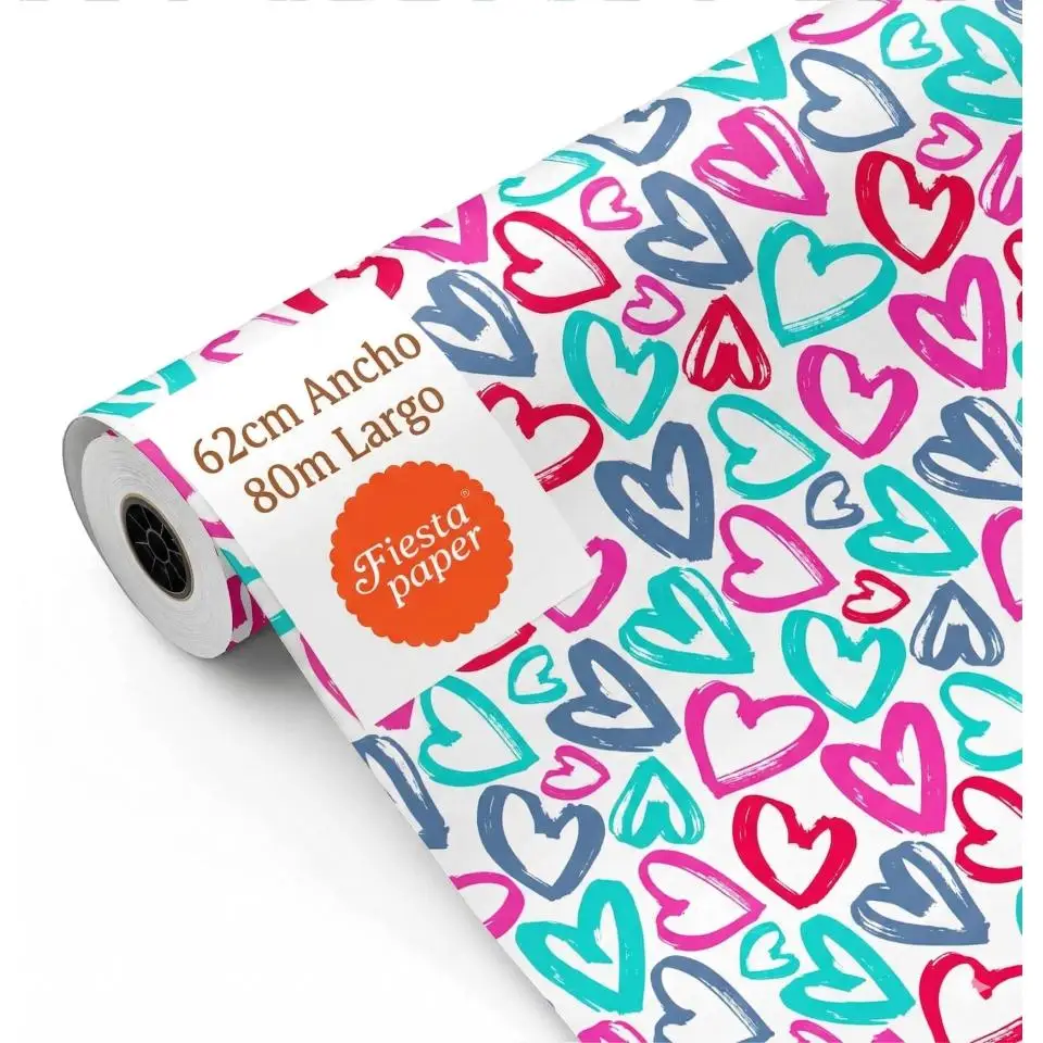 Bobina papel de regalo, rollo grande 62cm x 80m • CORAZONES F • Ideal para: Tiendas Negocios Comercios FIESTA PAPER