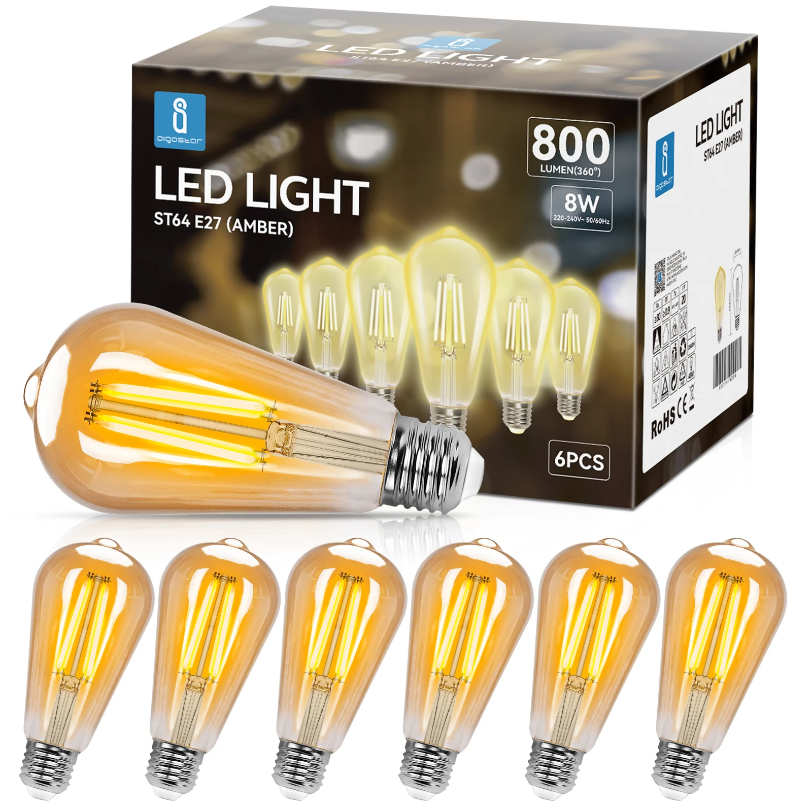 Aigostar ST64 Bombilla LED Filamento E27 4W/6W/8W/10W, Edison Vintage 2200K/2700K/6500K. No regulable. Paquete 6 Unidades