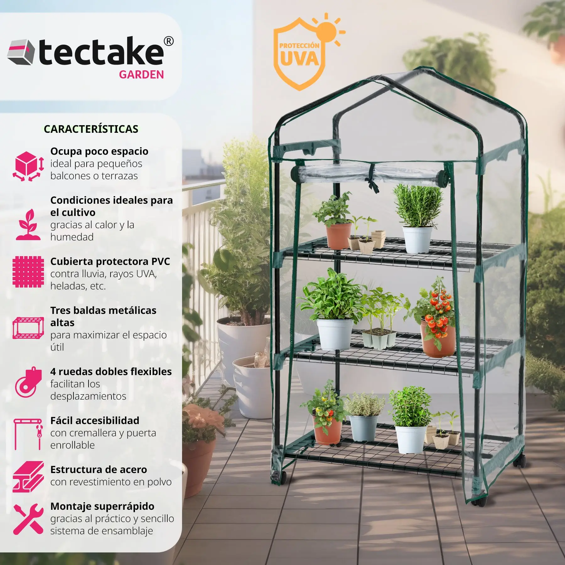 Tectake-greenhouse with 3 shelves 69x49x125 cm protects plants from cold, rain and frost entry: 51x104 cm rolling and with wheel lock to move it easily