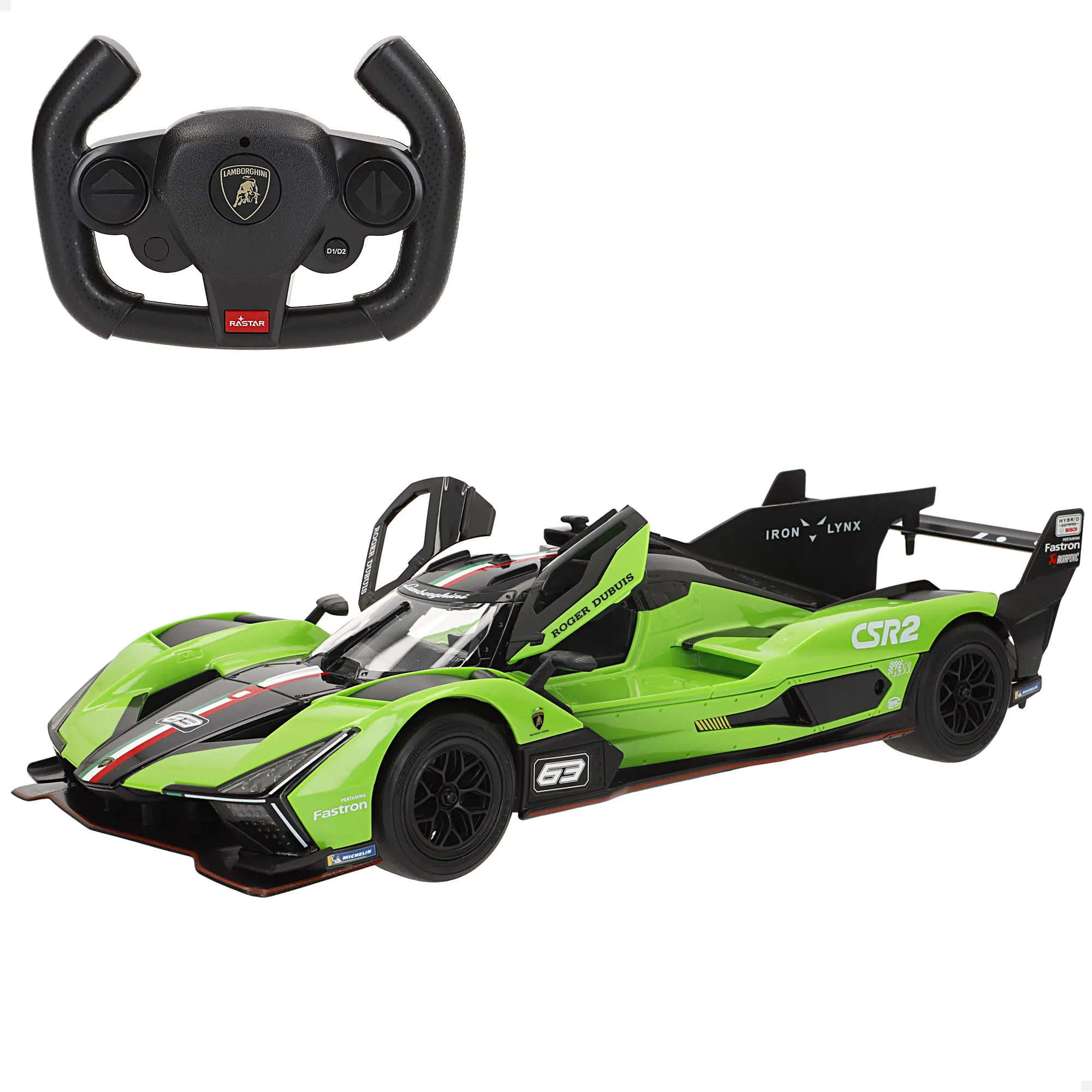 Rastar coche teledirigido Lamborghini SC63 LMDh 1:14 con radio control multifunción , luces y puertas que se abren para niños +6 años