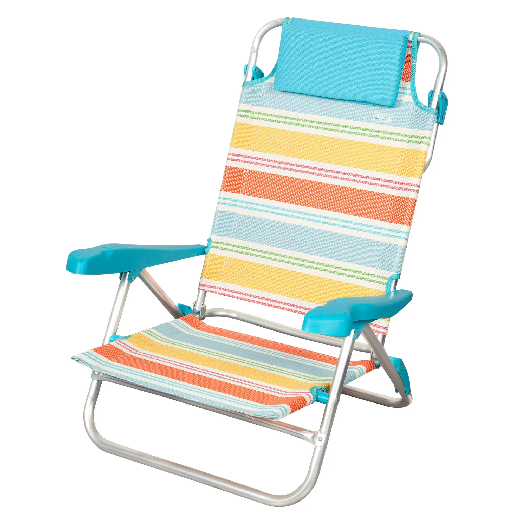 Aktive - Silla de playa baja plegable, 50x48x80 cm, respaldo alto, estructura aluminio y textileno, respaldo multiposición, tumbona, cojín y bolsillo trasero, ligera y resistente, fácil transporte,
