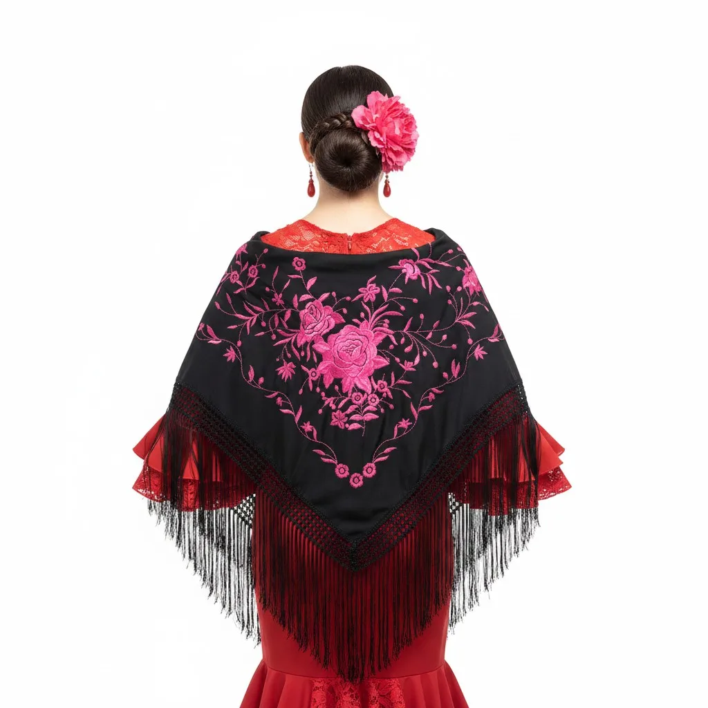 Mantón de flamenco de color negro con los bordados de floral fucsia