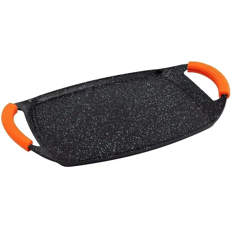 Grill aluminum non-deformable with non-stick surface, 47 x 36 cm, full induction base, suitable for all cooktops, includes removable silicone handles, perfect for barbecue grilling.