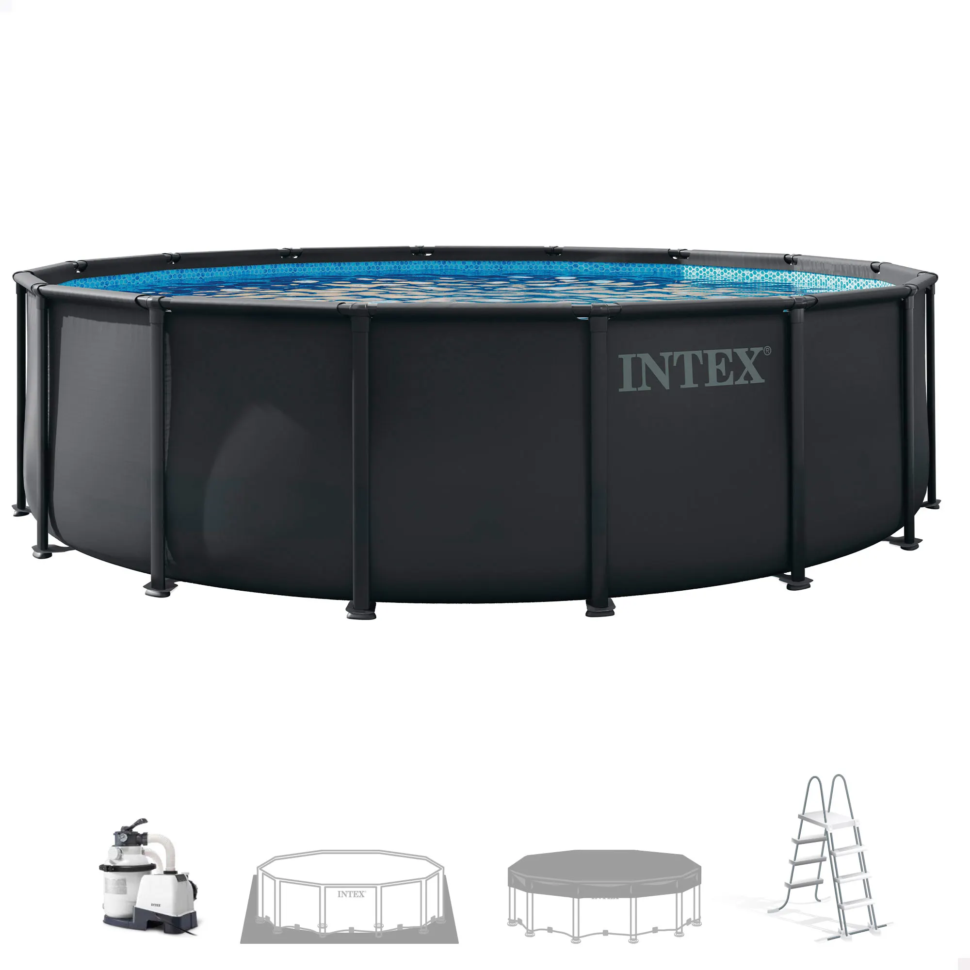 INTEX - Piscina desmontable redonda, Ultra XTR, gris oscuro, lona triple capa, estructura metálica anticorrosión, depuradora de arena, escalera desmontable, tapiz protector, cobertor, tecnología Hydro