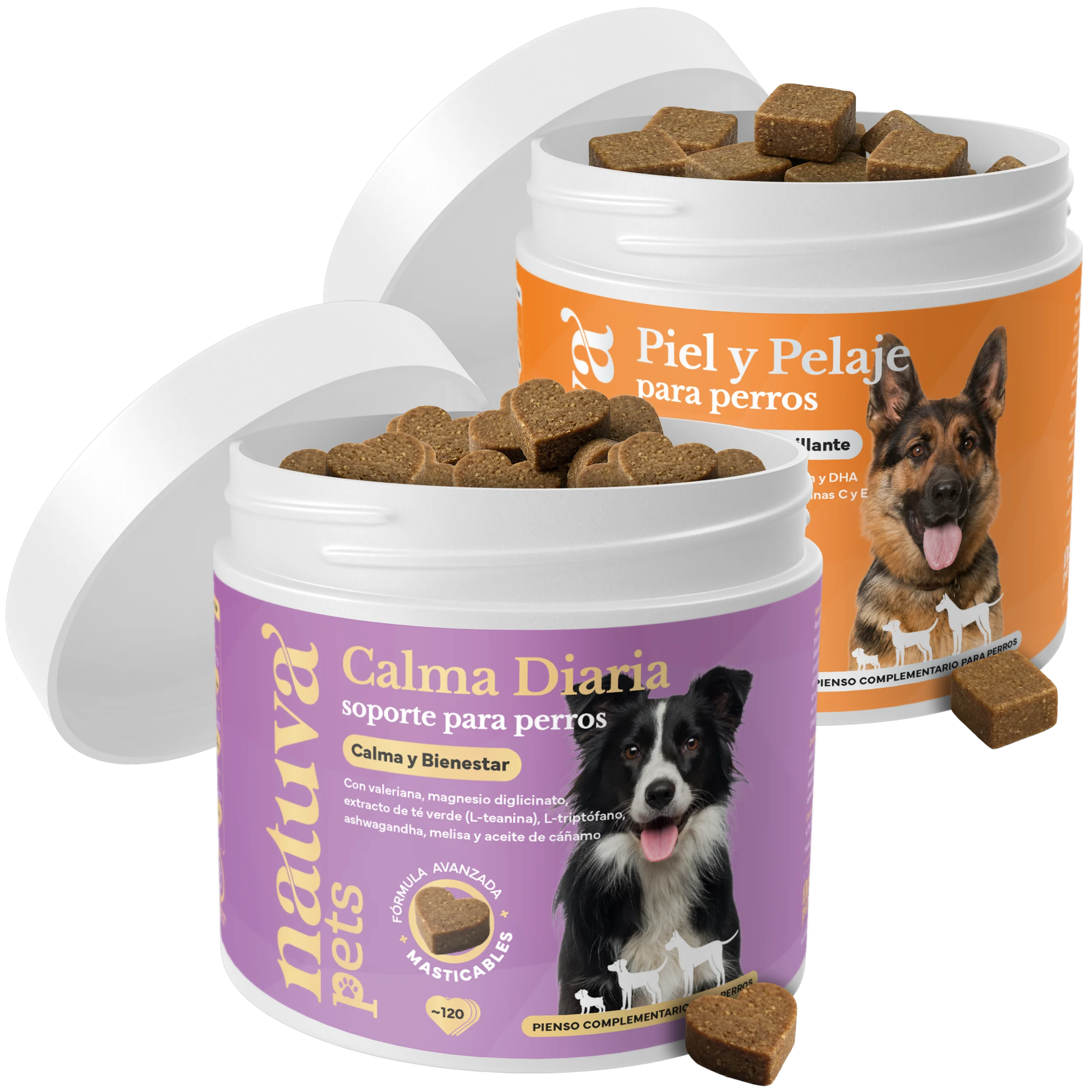 Calma + Piel y Pelaje para Perros - Pack Calma & Brillo Natuva Pets (240 Masticables) - Bienestar Emocional, Piel Sana y Pelo Brillante - Con L-Triptófano, Omega 3, Biotina y Zinc
