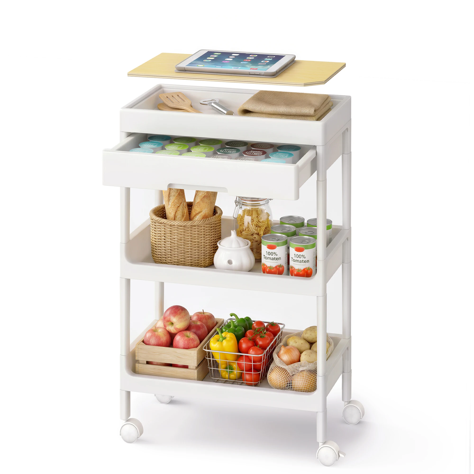 SONGMICS Carrello a 3 livelli, carrello da cucina con ruote, con vassoio e cassetto rimovibili, plastica, facile da montare, bianco e rovere dorato