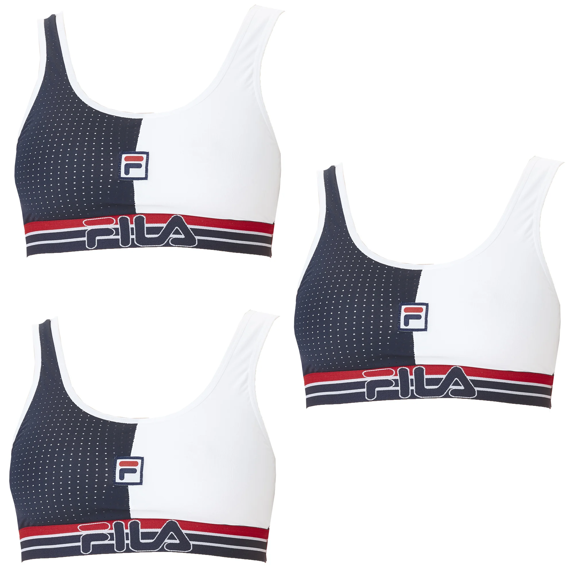 Pack 3 sujetadores deportivos en poliamida resistente FILA en blanco y negro